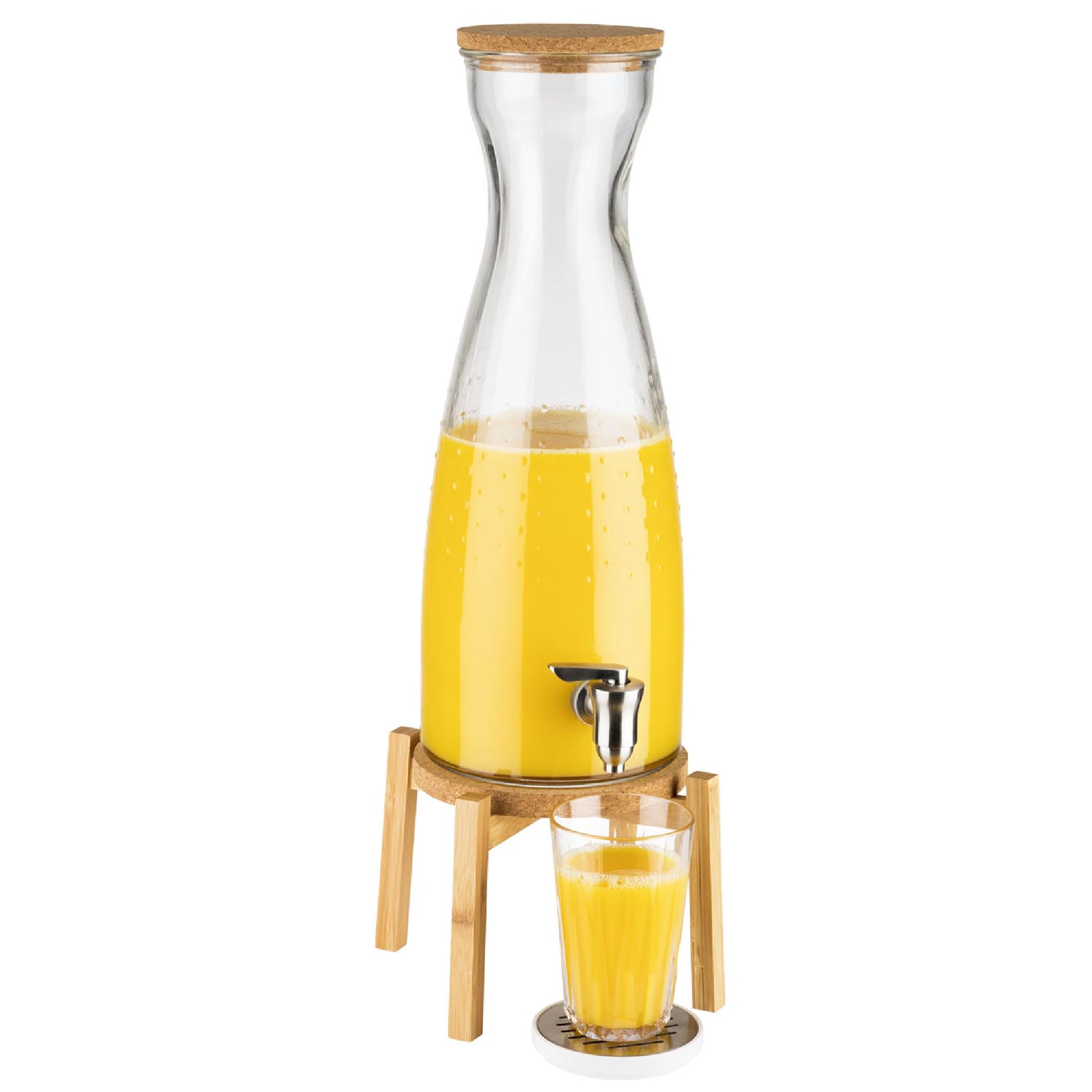 Distributeur de boissons - FRESH WOOD - Set en 2 pièces - Récipient en verre avec robinet - 4,5 Litres - incl. Support