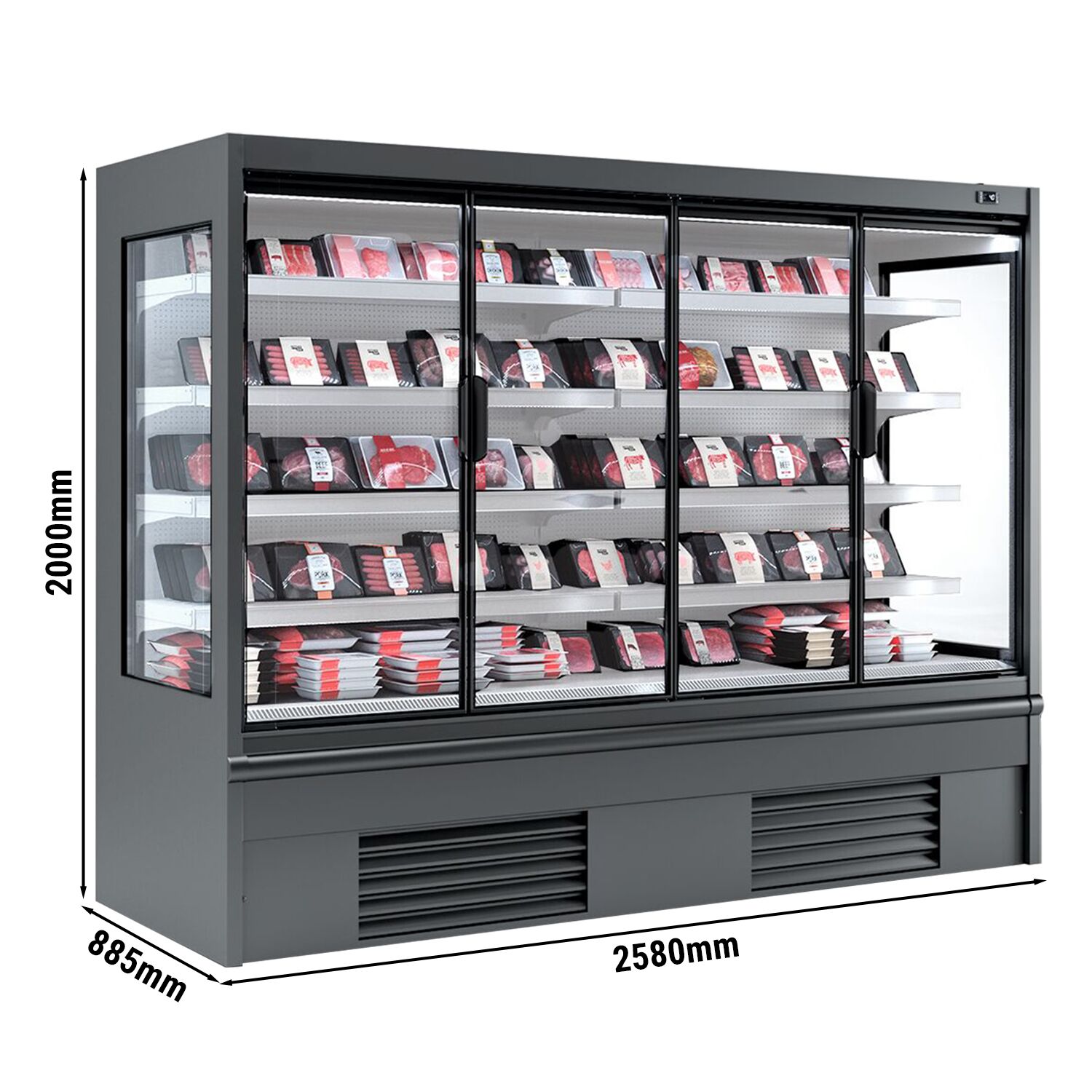 Commercial multideck display fridge - 2580mm - 1605L - with 4 double‑glazed hinged glass doors & 4 shelves - Anthracite