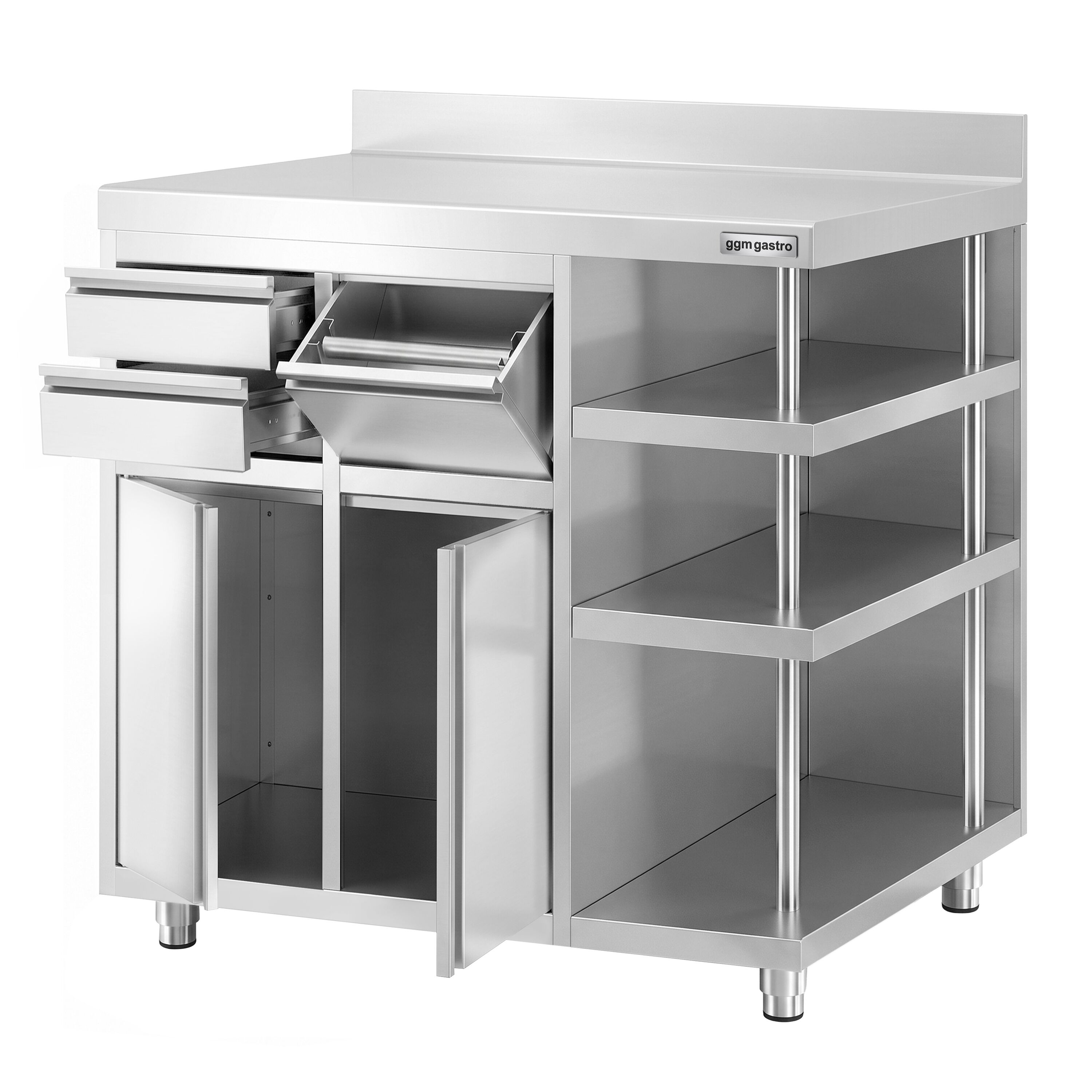 Arbetsskåp – för kaffebryggare – 1200 x 600 mm – med 2 svängdörrar, 2 lådor, avklappningsanordning, 3 hyllor och upphöjd kant