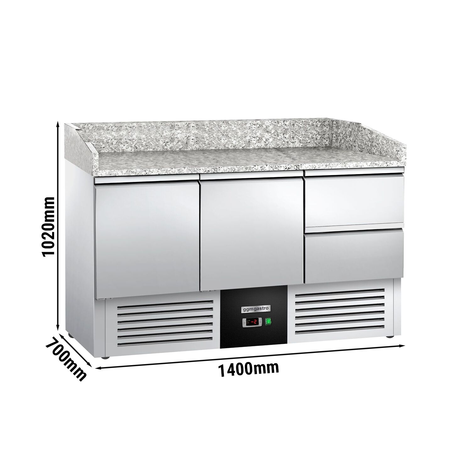 Banco pizza refrigerato PREMIUM - 1400x700mm - con 2 porte & 2 cassetti - piano in granito