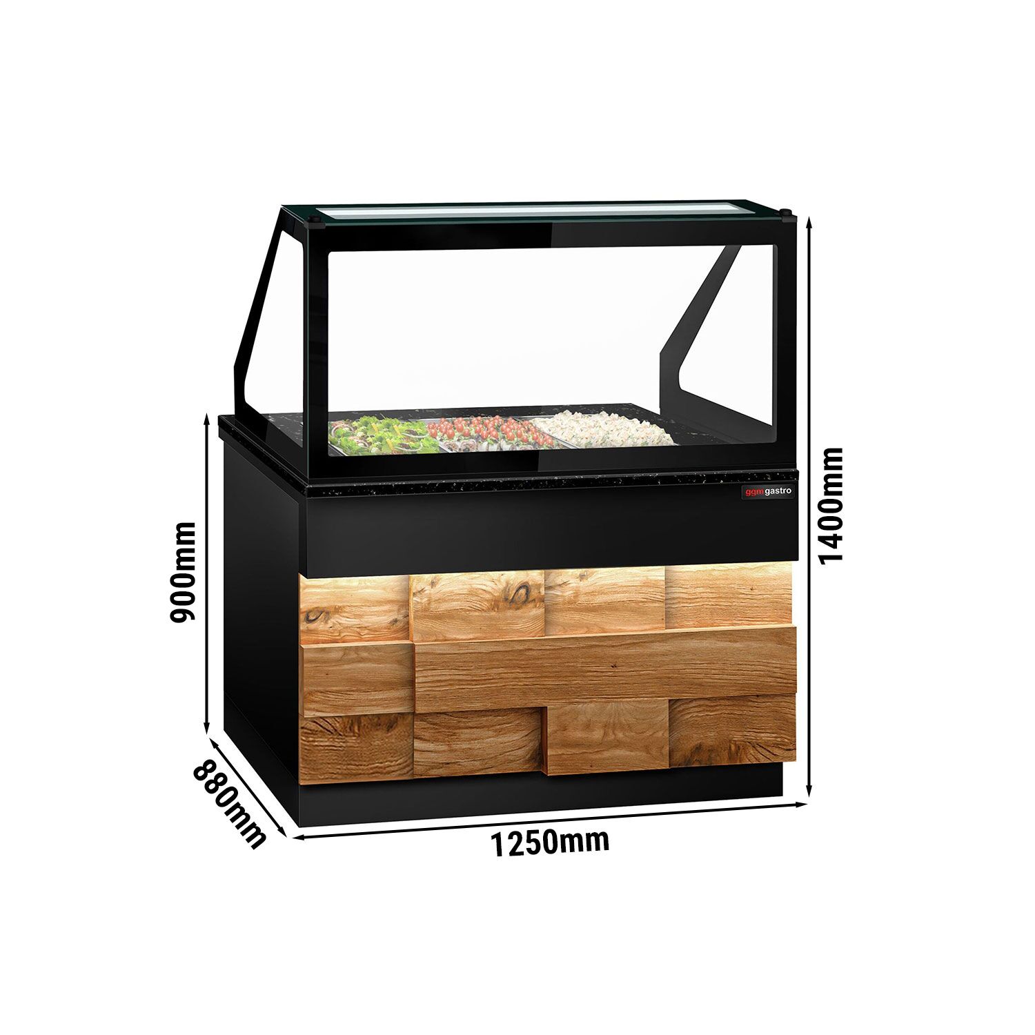 Saladette réfrigérée - 1250mm - façade décor bois naturel - 2 portes - avec vitrine de comptoir pour 3x GN 1/1 & 1 étagère - plan de travail en granit noir