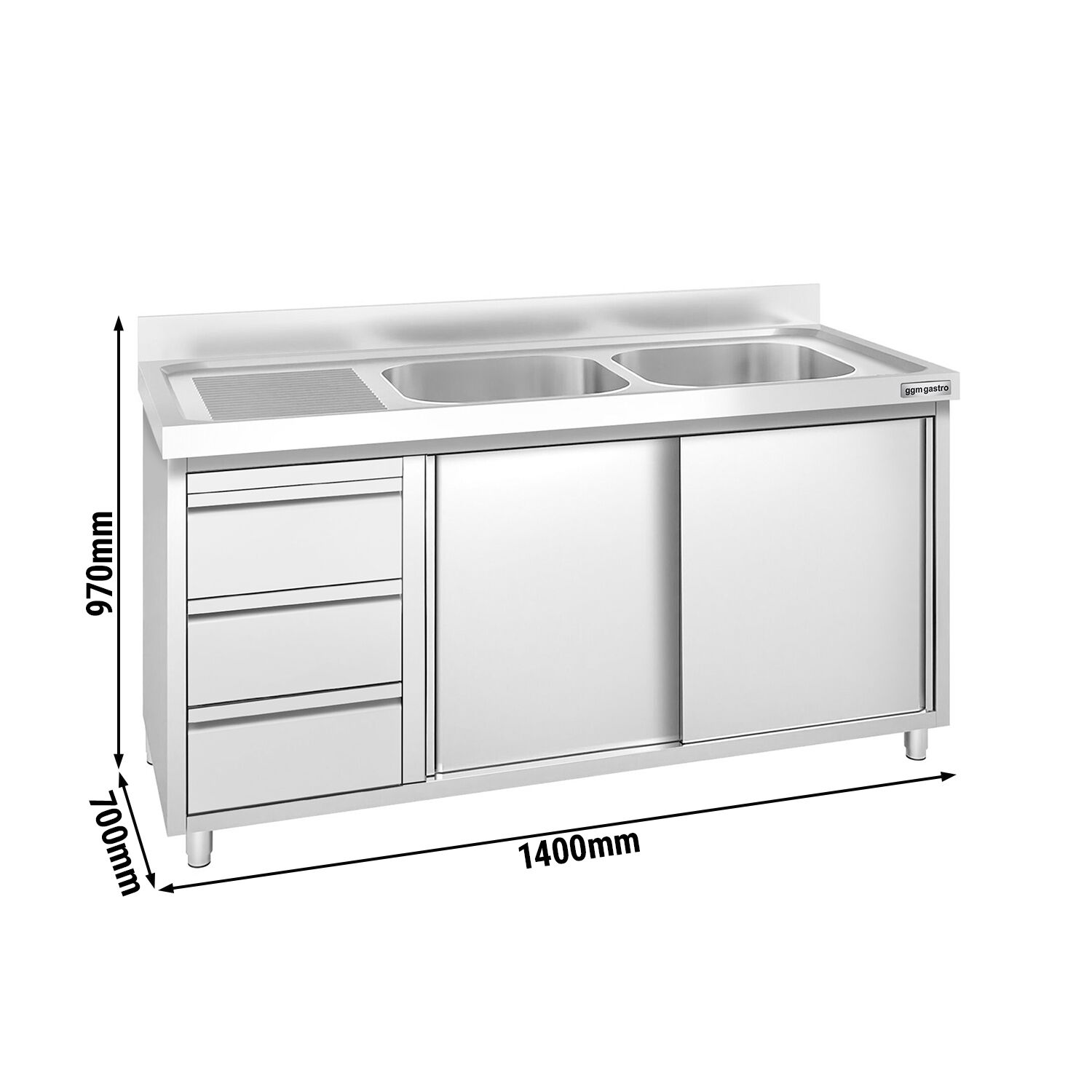 Meuble plonge PREMIUM - 1400x700mm - 2 bacs - 3 tiroirs