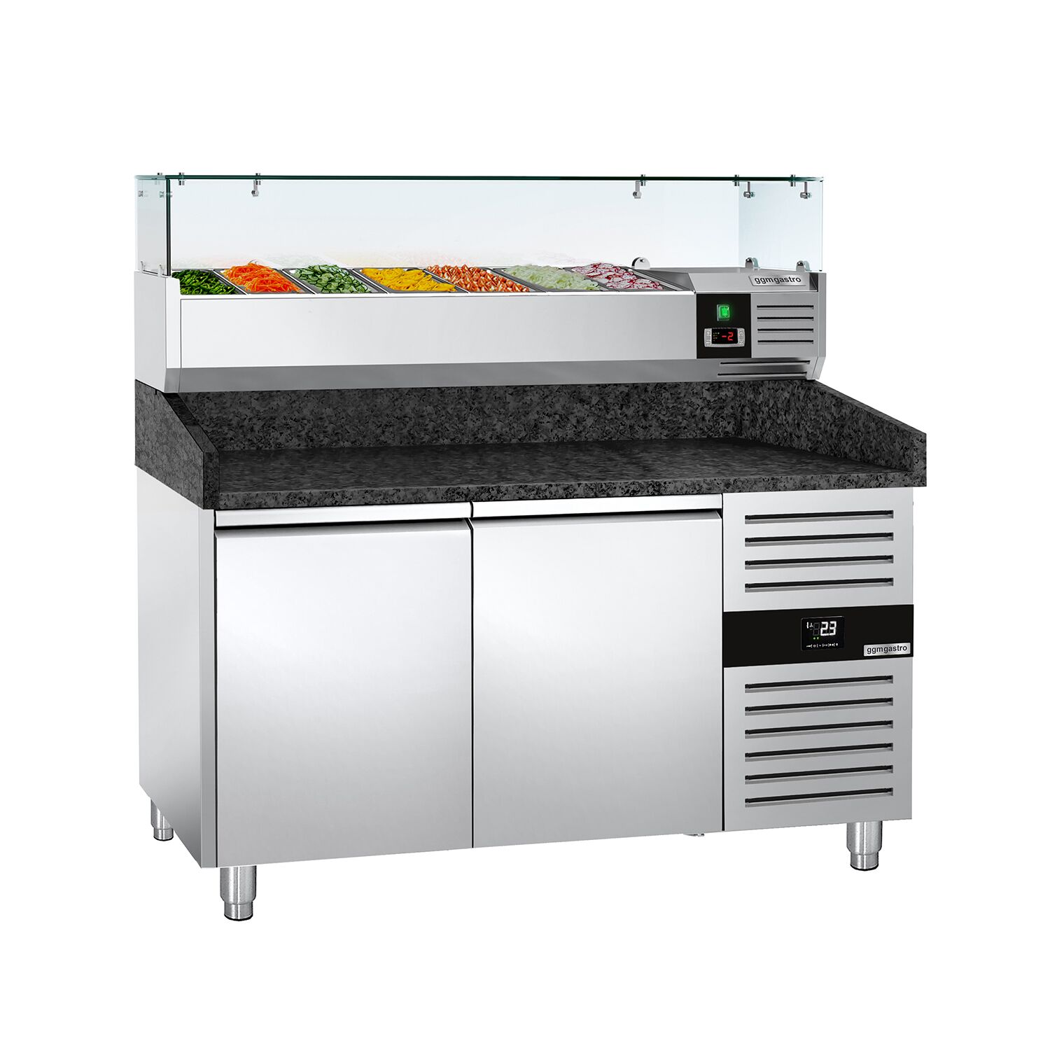 Table réfrigérée à pizza PREMIUM - 1500 x 800 mm - avec 2 portes - incl. vitrine réfrigérée - 7 x GN 1/4
