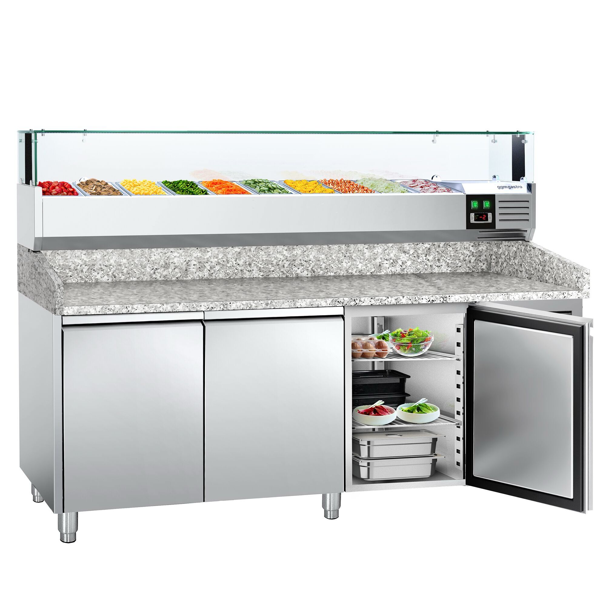 Table réfrigérée pour pizza PREMIUM - 2000 x 800 mm - avec 3 portes - incl. vitrine réfrigérée avec LED - 10 x GN 1/4