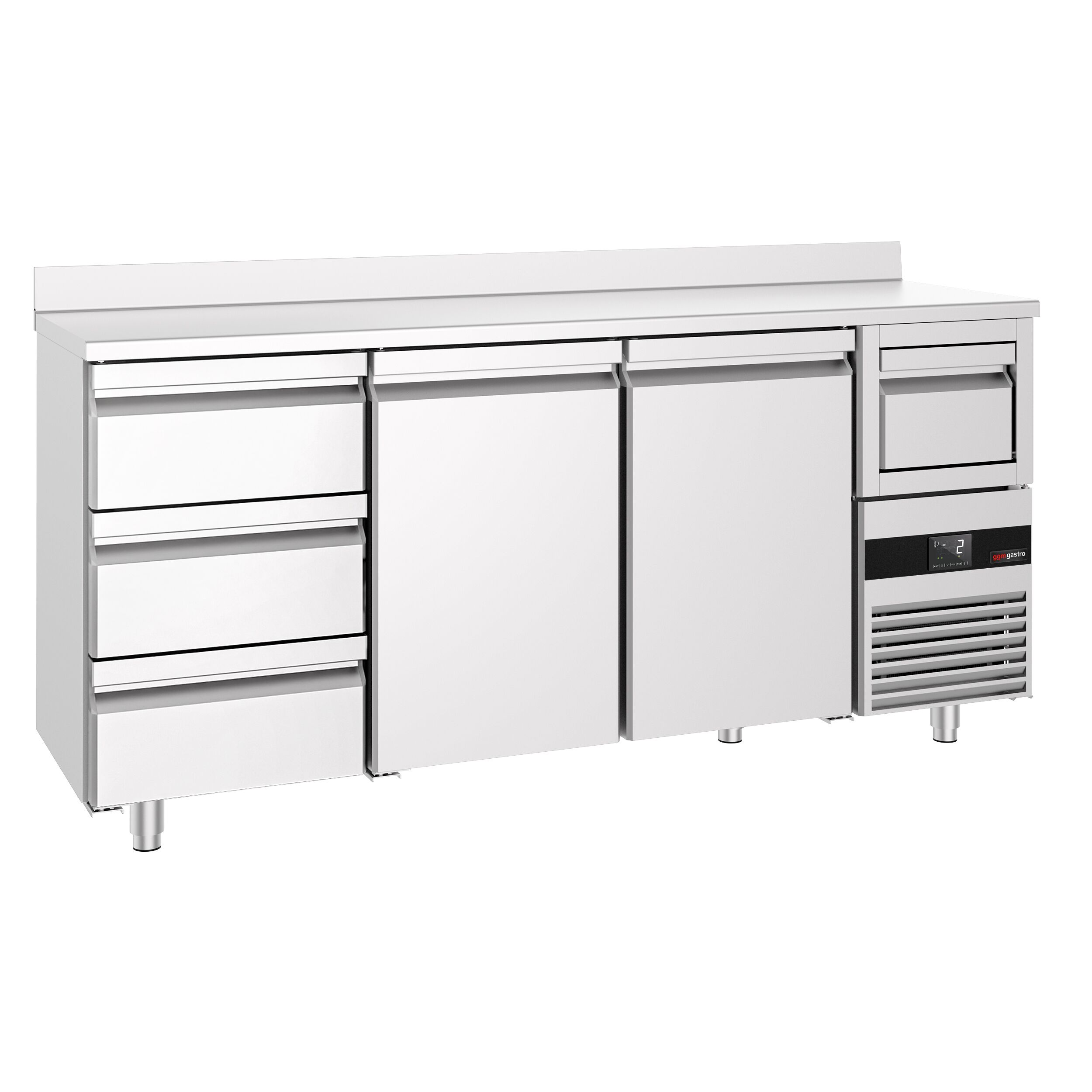 Arrière-bar réfrigéré professionnel PREMIUM - 2130 x 600 mm - avec 2 portes et 3 tiroirs - avec dosseret - avec tiroir à marc de café