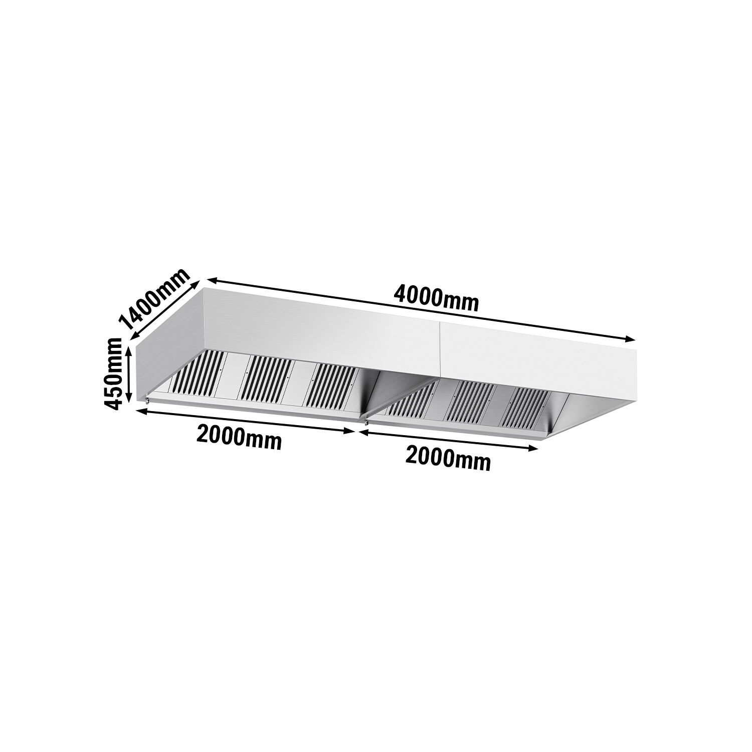 Hotte à adosser professionnelle - 4000mm - sans moteur - avec filtres et éclairage