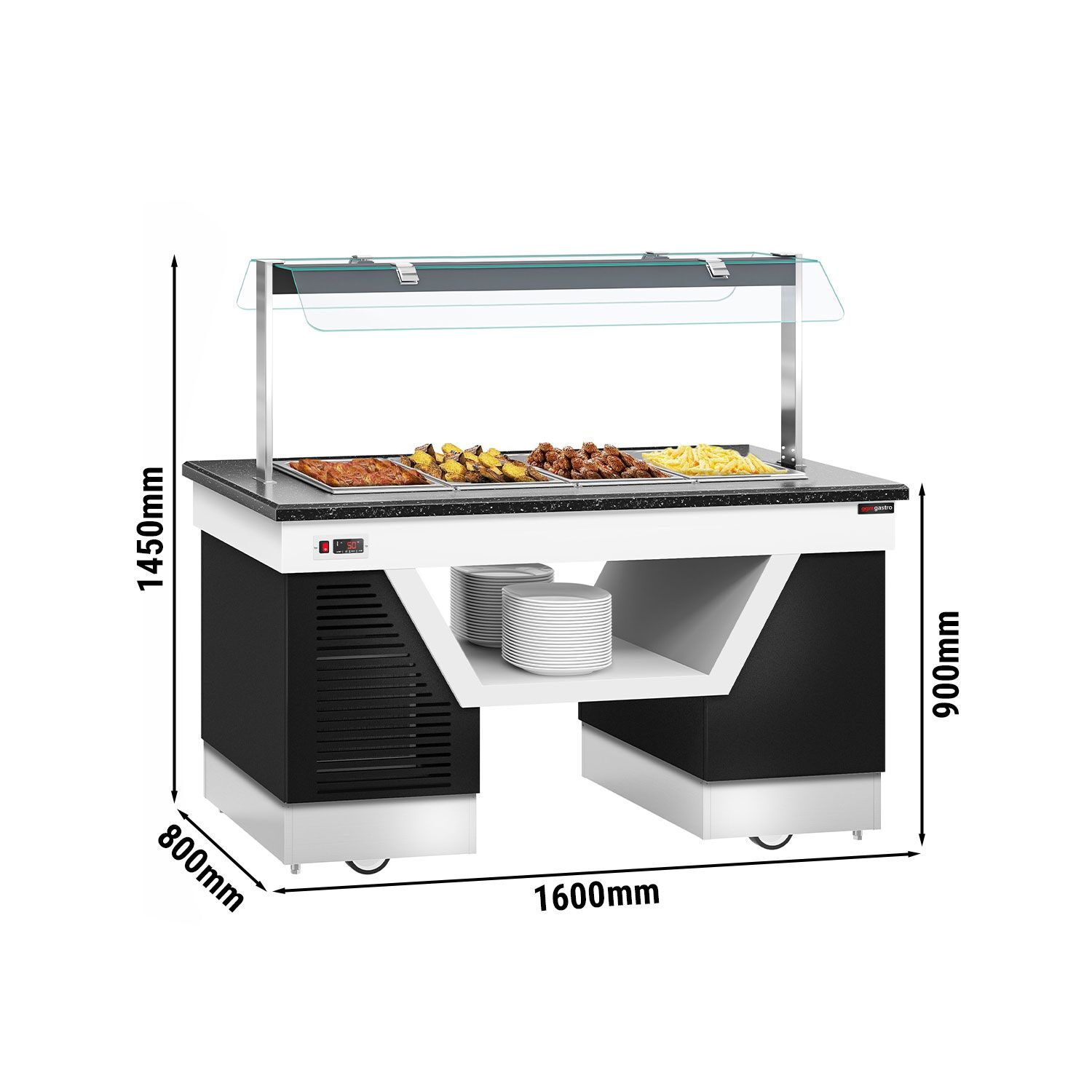 Buffet chaud BELFAST - 1600mm - avec bain-marie - sur roulettes - pour 4x GN 1/1 - Noir