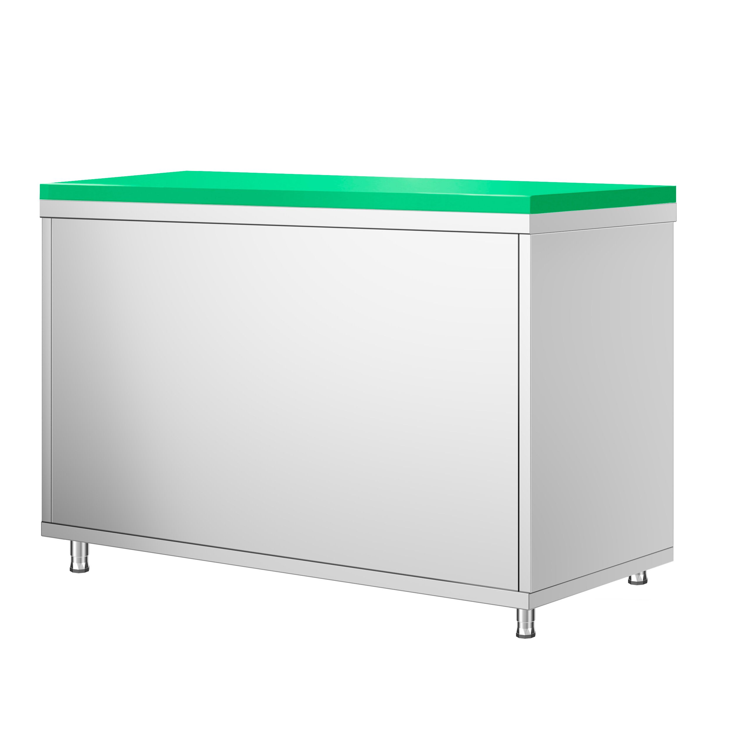 Table armoire en acier inoxydable PREMIUM - 1200x700mm - avec portes coulissantes - pour fruits et légumes - incl. plateau de découpe Vert PEHD (HACCP)