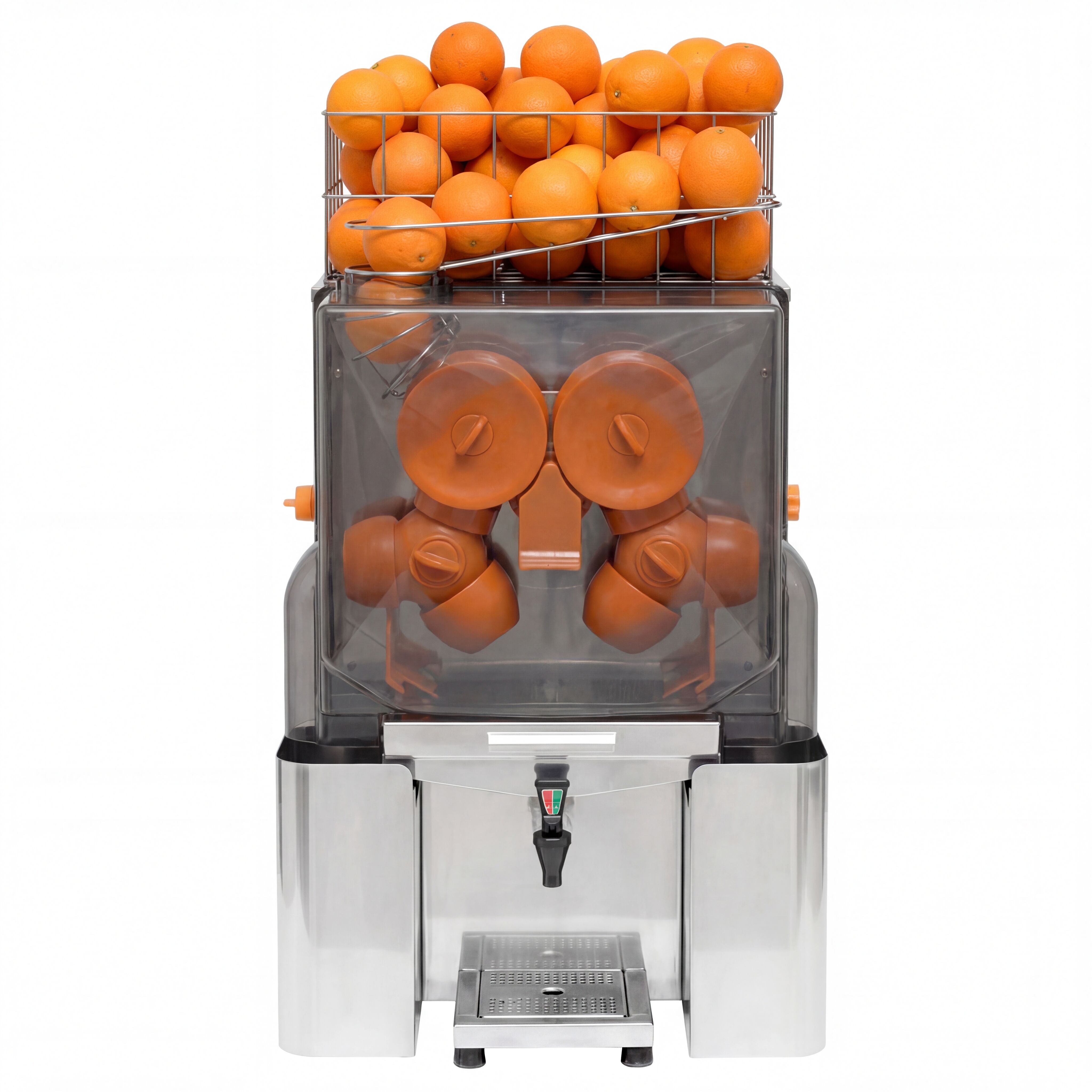 Elektrisk citruspress - 200 W - med 20 apelsiner/min, Ø 60–80 mm, korg ca 22 apelsiner, droppstopp/kran & avtagbar front för rengöring - rostfritt stål