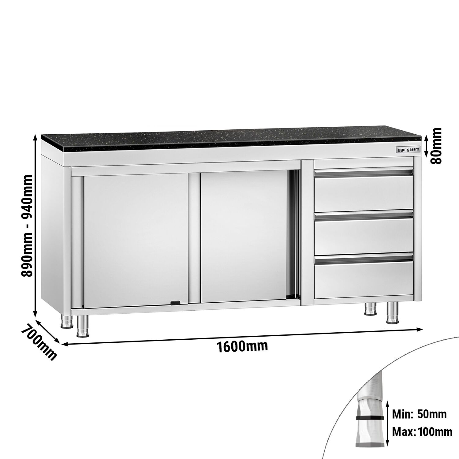 Edelstahl Arbeitsschrank PREMIUM - 1600x700mm - mit 3 Schubladen rechts - inkl. Granitarbeitsplatte