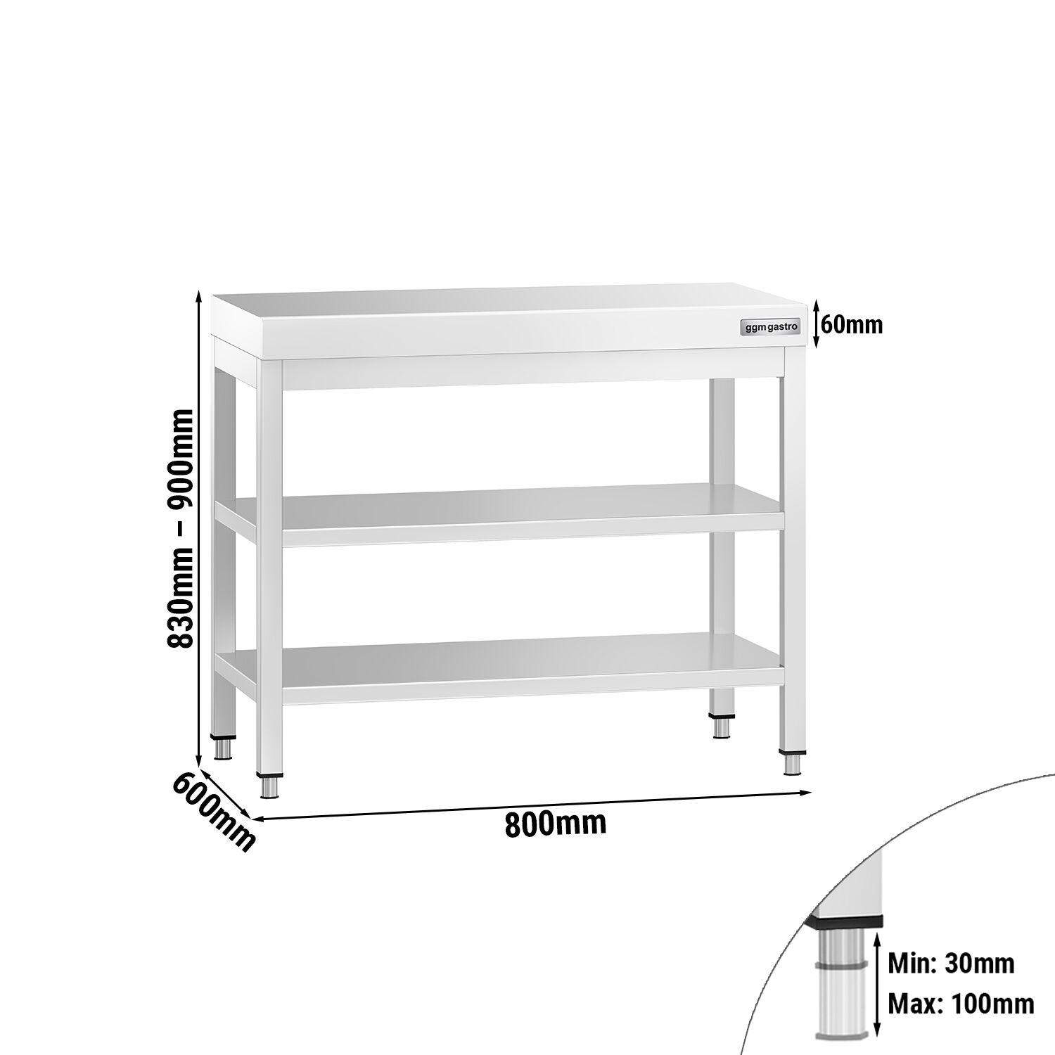 Table de travail inox PREMIUM - 800 x 600 mm - avec tablette inférieure & Tablette intermédiaire