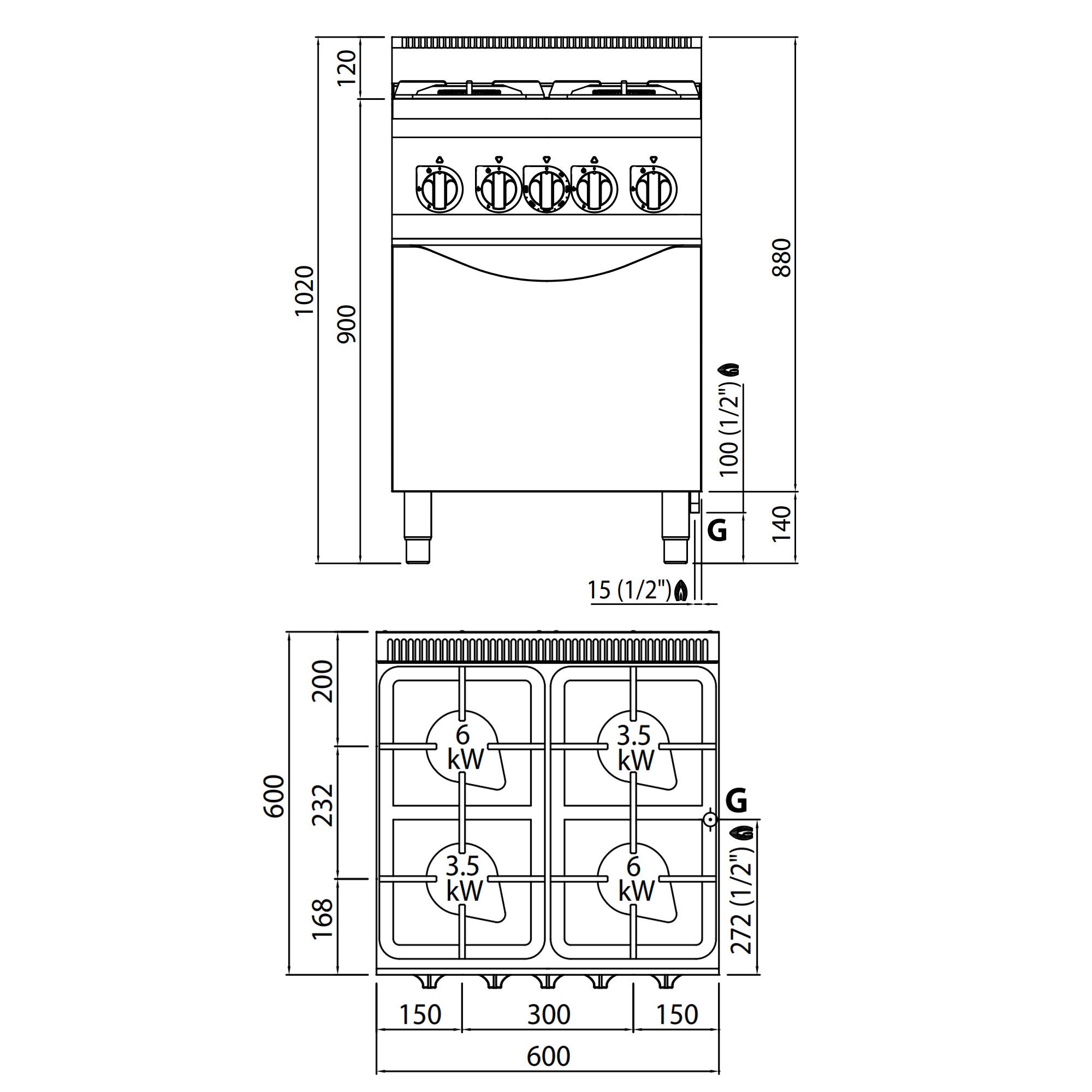Fourneau à gaz – 19 kW – 4 brûleurs – avec four à gaz – 3,5 kW