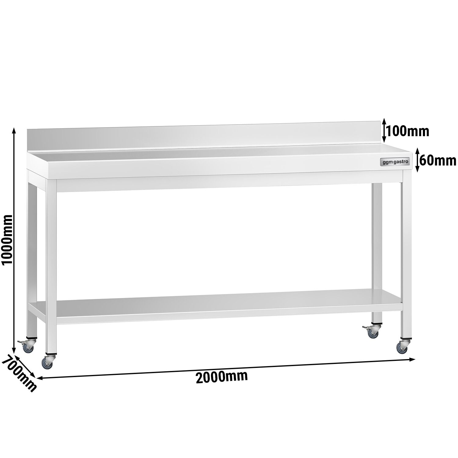 Table de travail en inox PREMIUM - 2000 x 700 mm - avec tablette inférieure, dosseret et roulettes
