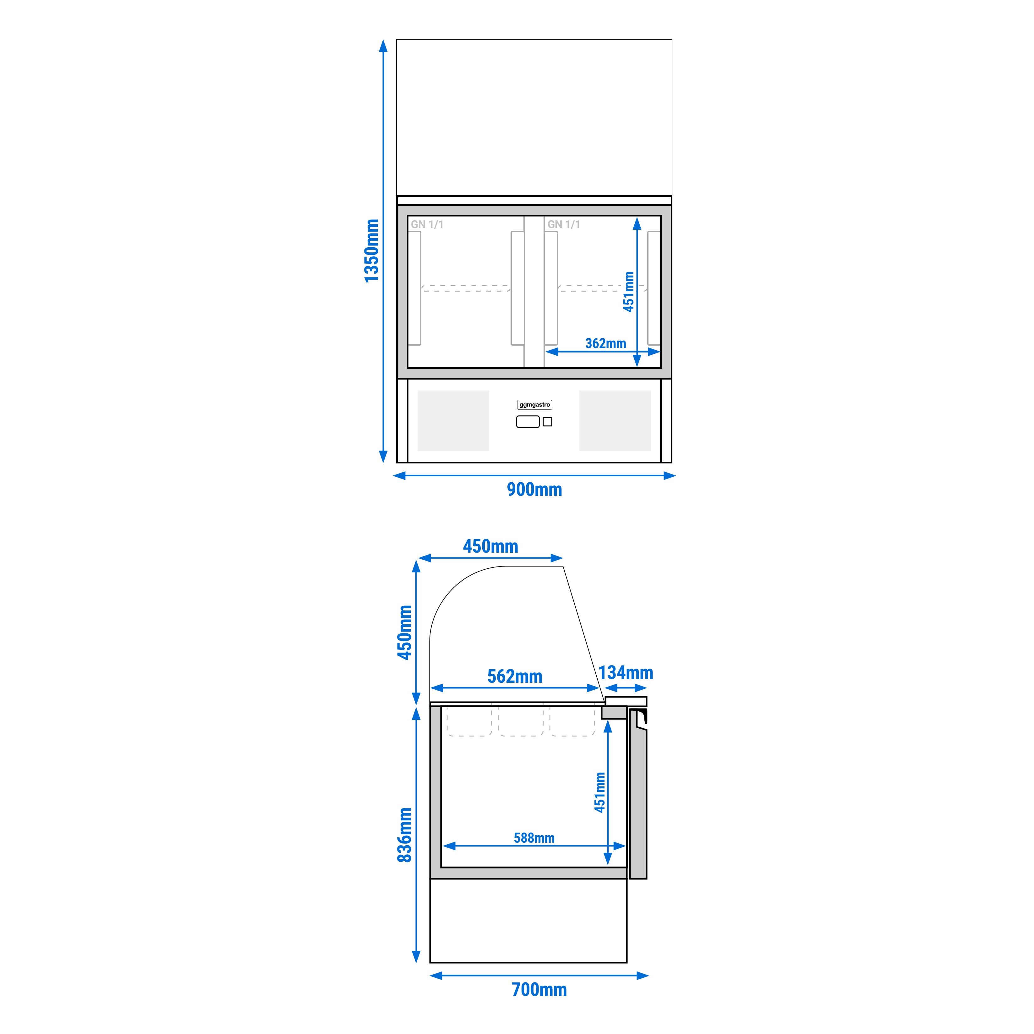 Saladette réfrigérée ECO - 900mm - 240L - 2 portes - avec vitrine de comptoir pour 2x GN 1/1 & 3x GN 1/6