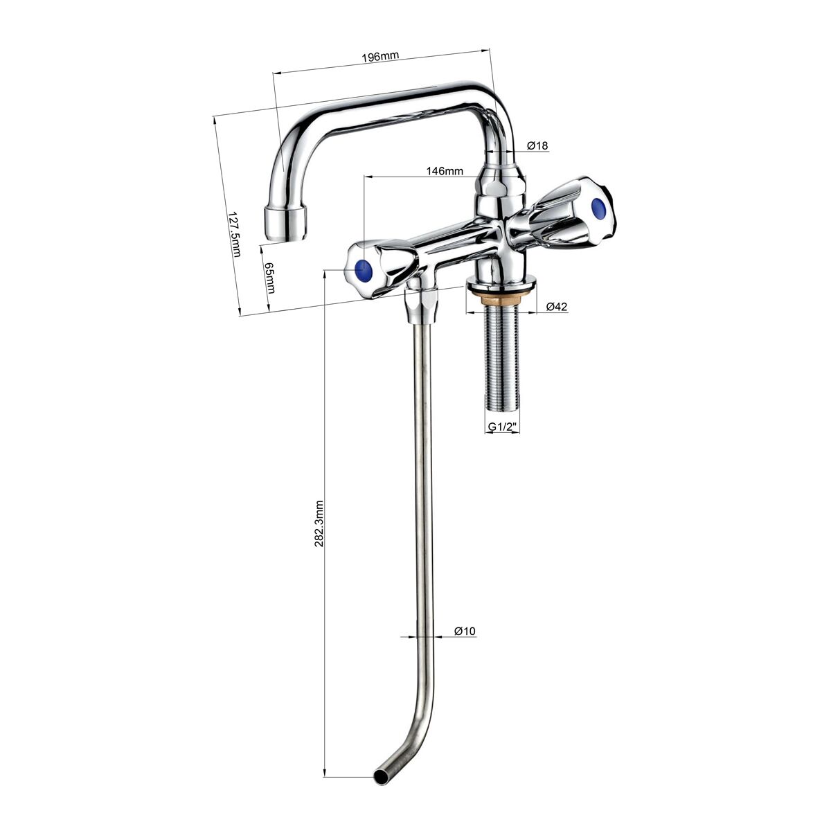 Mitigeur monotrou - pour eau froide - avec bec pivotant 360°, raccord3/8" & pour 1 bac - pour épaisseur de table jusqu’à80mm