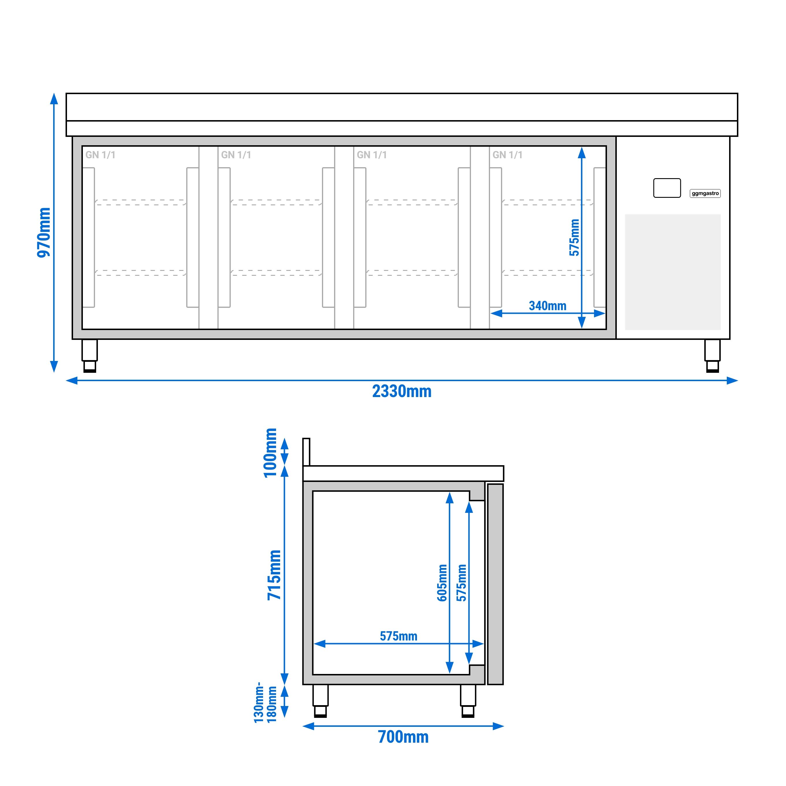 Table réfrigérée PREMIUM - 2330 x 700 mm - avec 4 portes - dosseret