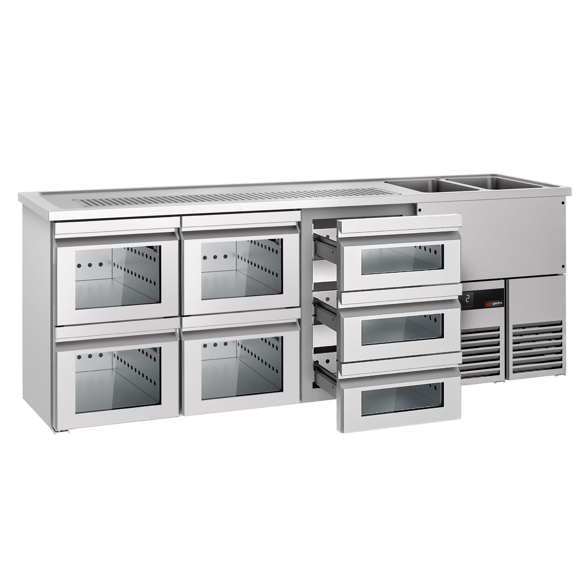 Comptoir de bar réfrigéré PREMIUM - 2500x700mm - 7 tiroirs en verre