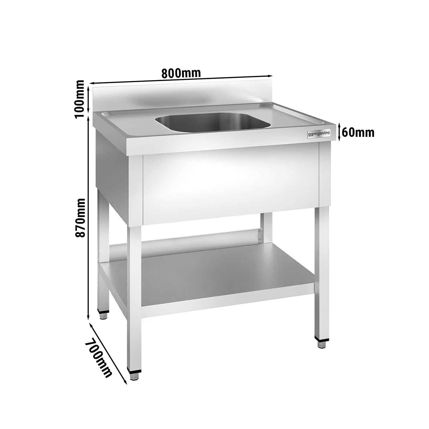 Plonge en inox PREMIUM - 800x700mm - avec étagère basse - 1 bac au centre