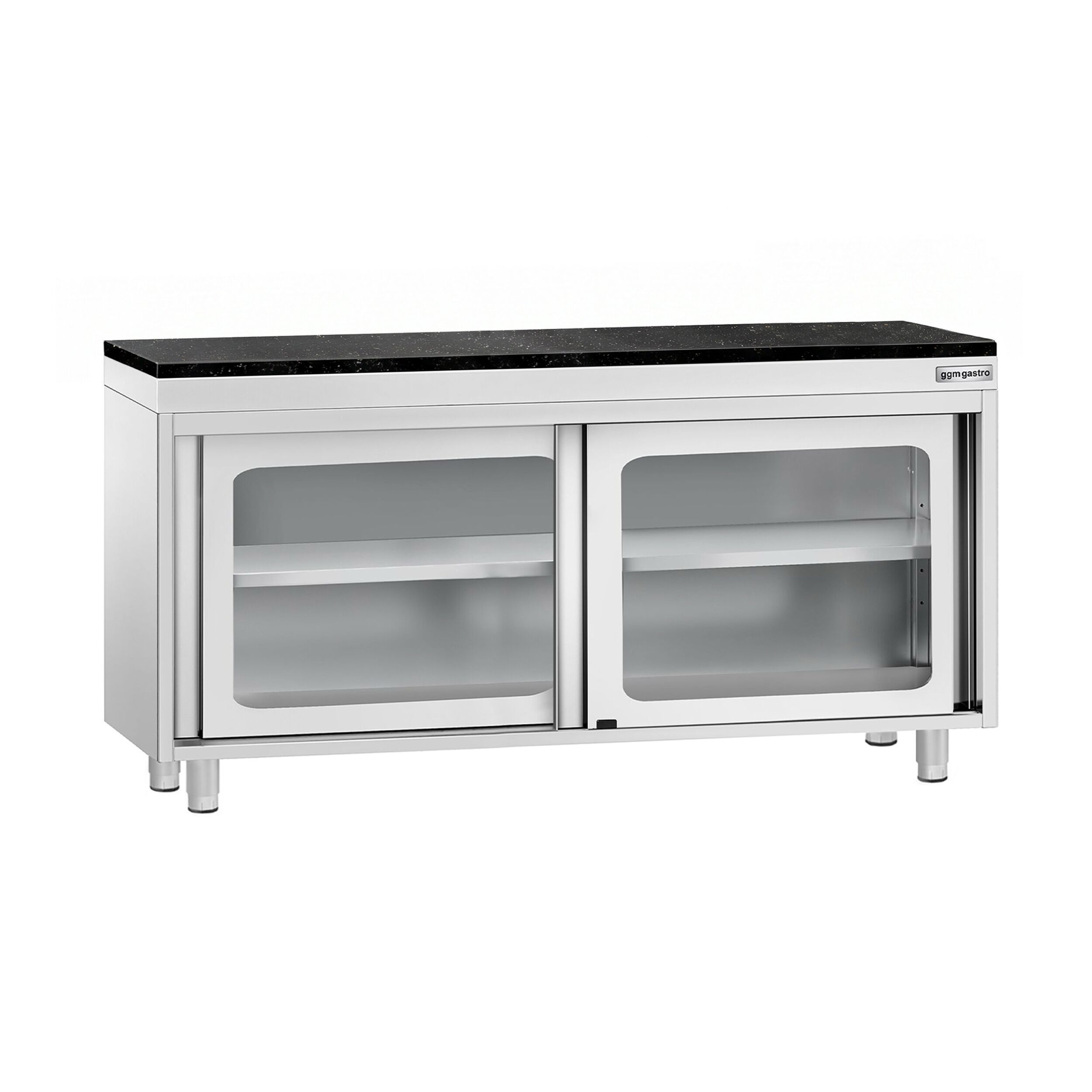 Edelstahl Arbeitsschrank PREMIUM - 1600x700mm - mit Glasschiebetür - inkl. Granitarbeitsplatte
