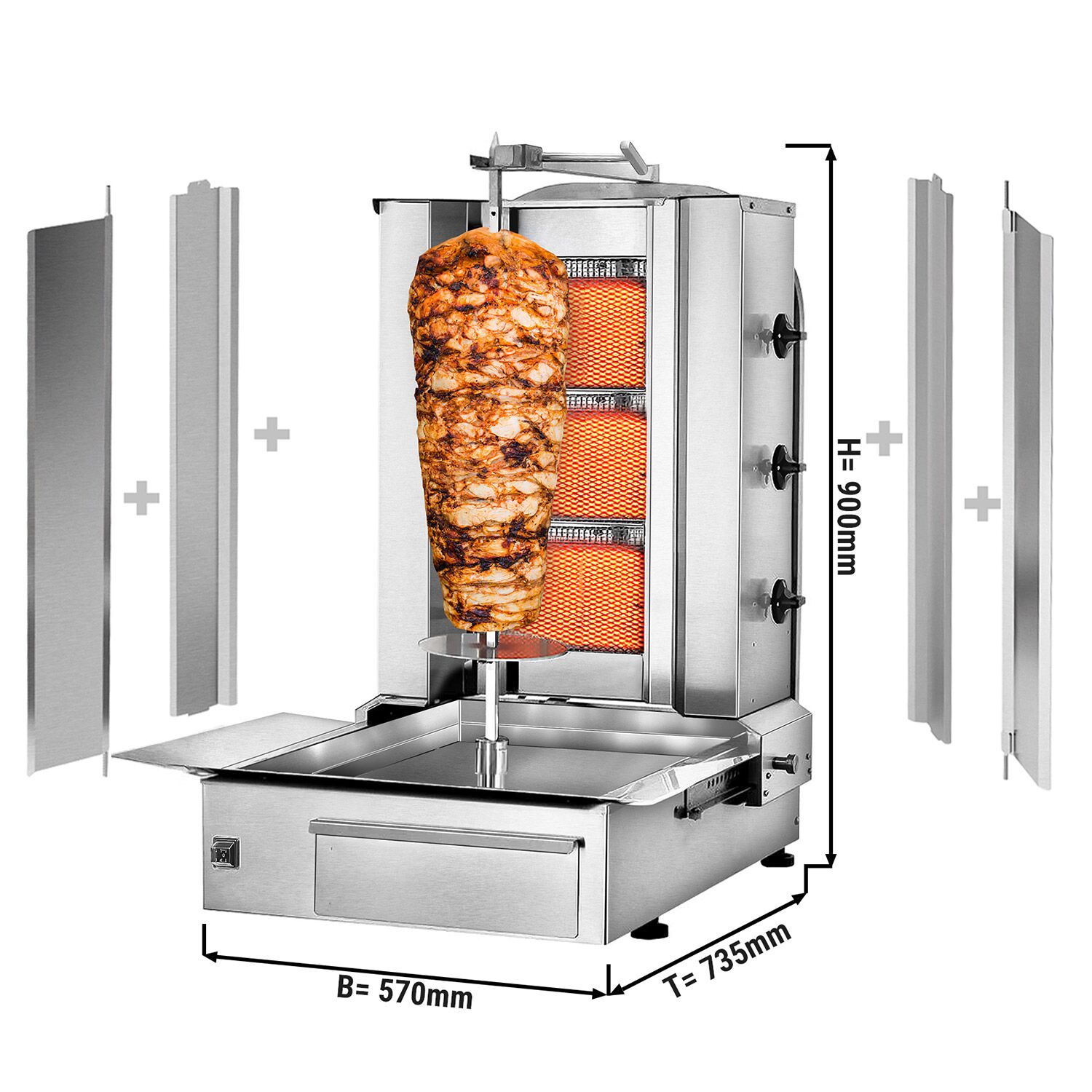 Gas Doner Kebab Grill (Shawarma/Gyros) - 3 Burner - up to 40kg - 9.75kW - Countertop - incl. 2 splash guards & 2 double doors