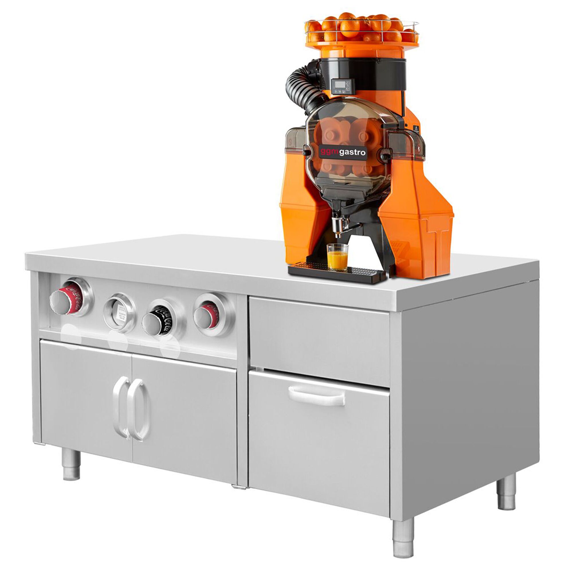 Meuble bas pour distributeur de boissons avec porte-gobelets & compartiment à glaçons - 1,5 m