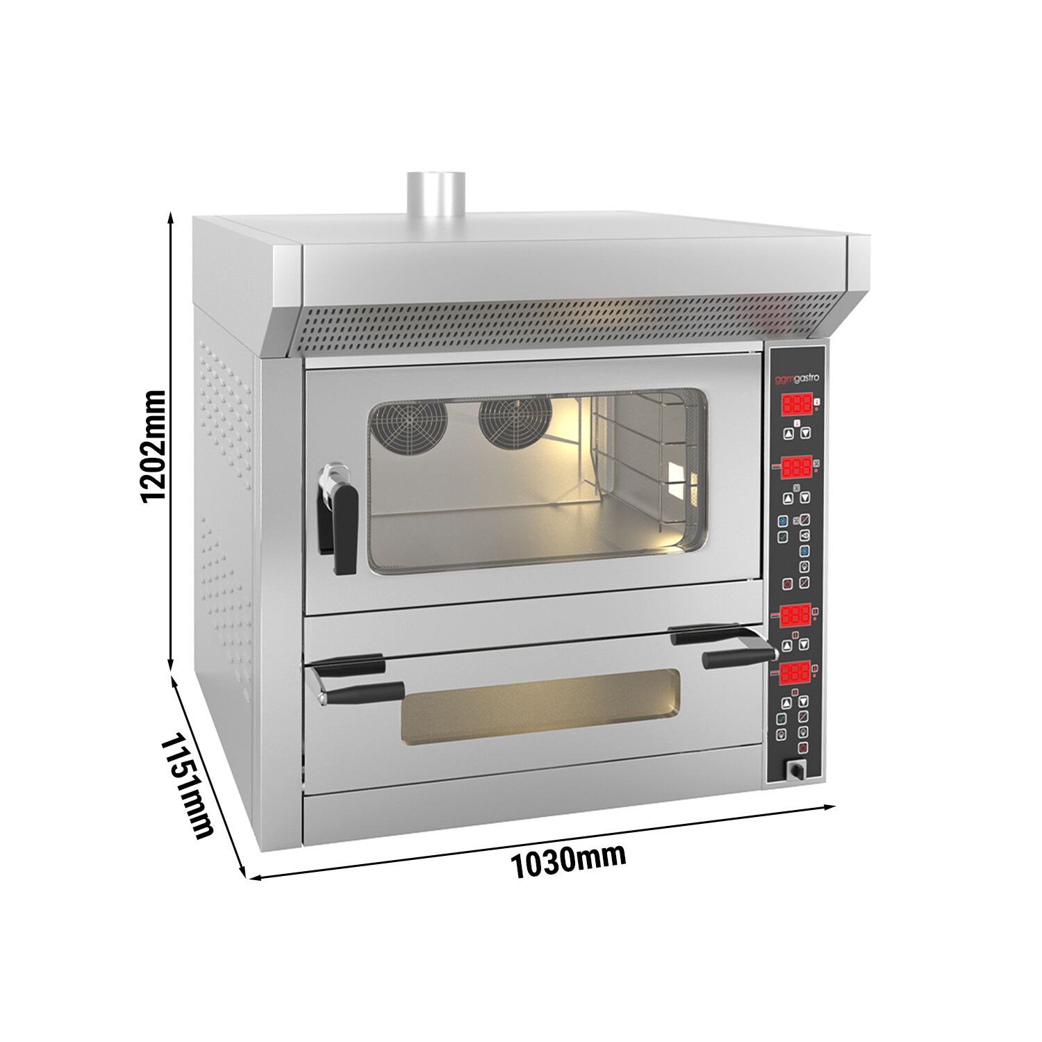 Four à convection - Commandes mécaniques - 4 niveaux 600x400mm & Four à pizza - 7x Ø 25cm - Acier inoxydable - avec injection d’eau manuelle - 1 chambres de cuisson