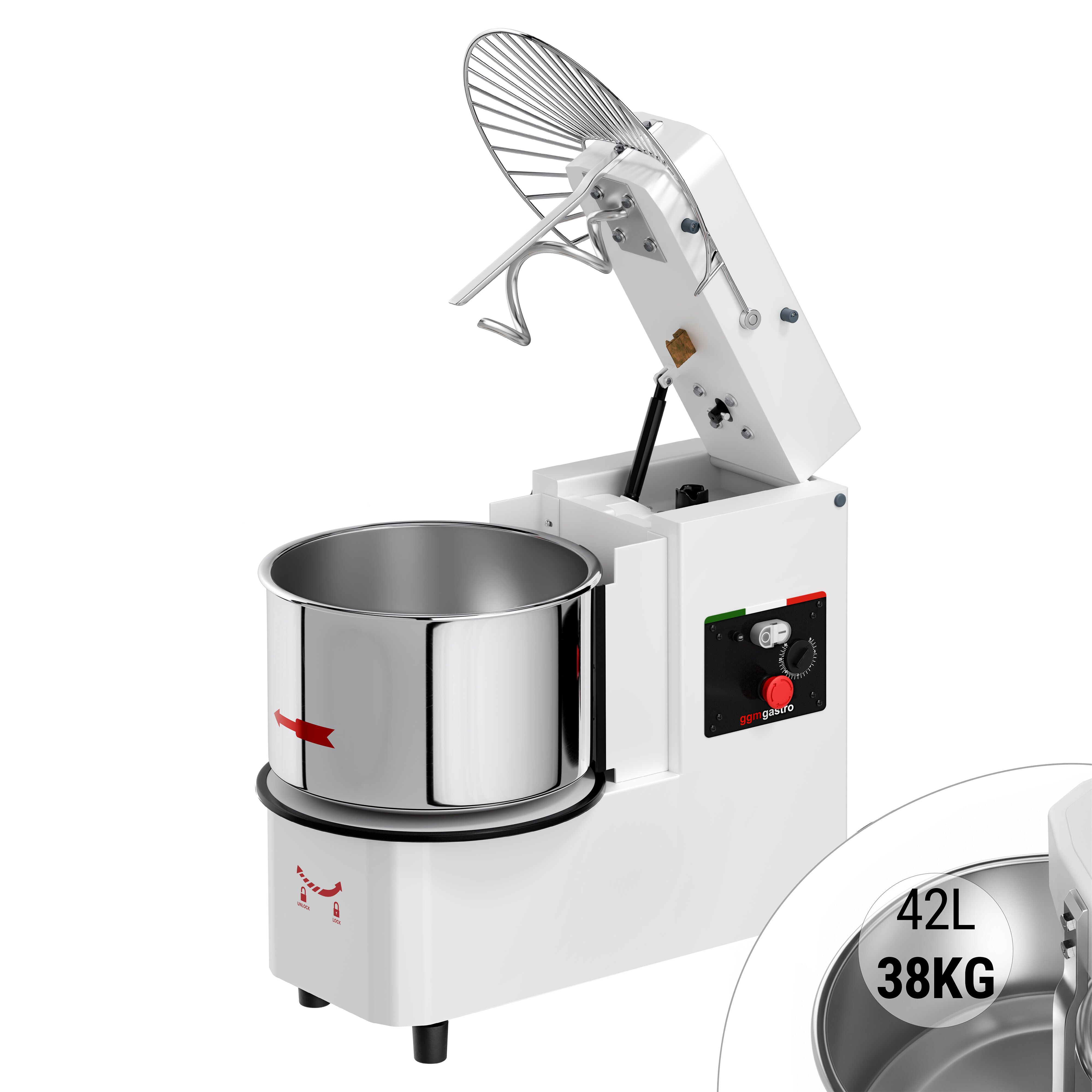 Pétrin à Pâte / Pétrin à spirale - 42 Litres / 38 kg - 1 Vitesse - Cuve Amovible & Tête Relevable - Fonction Minuterie