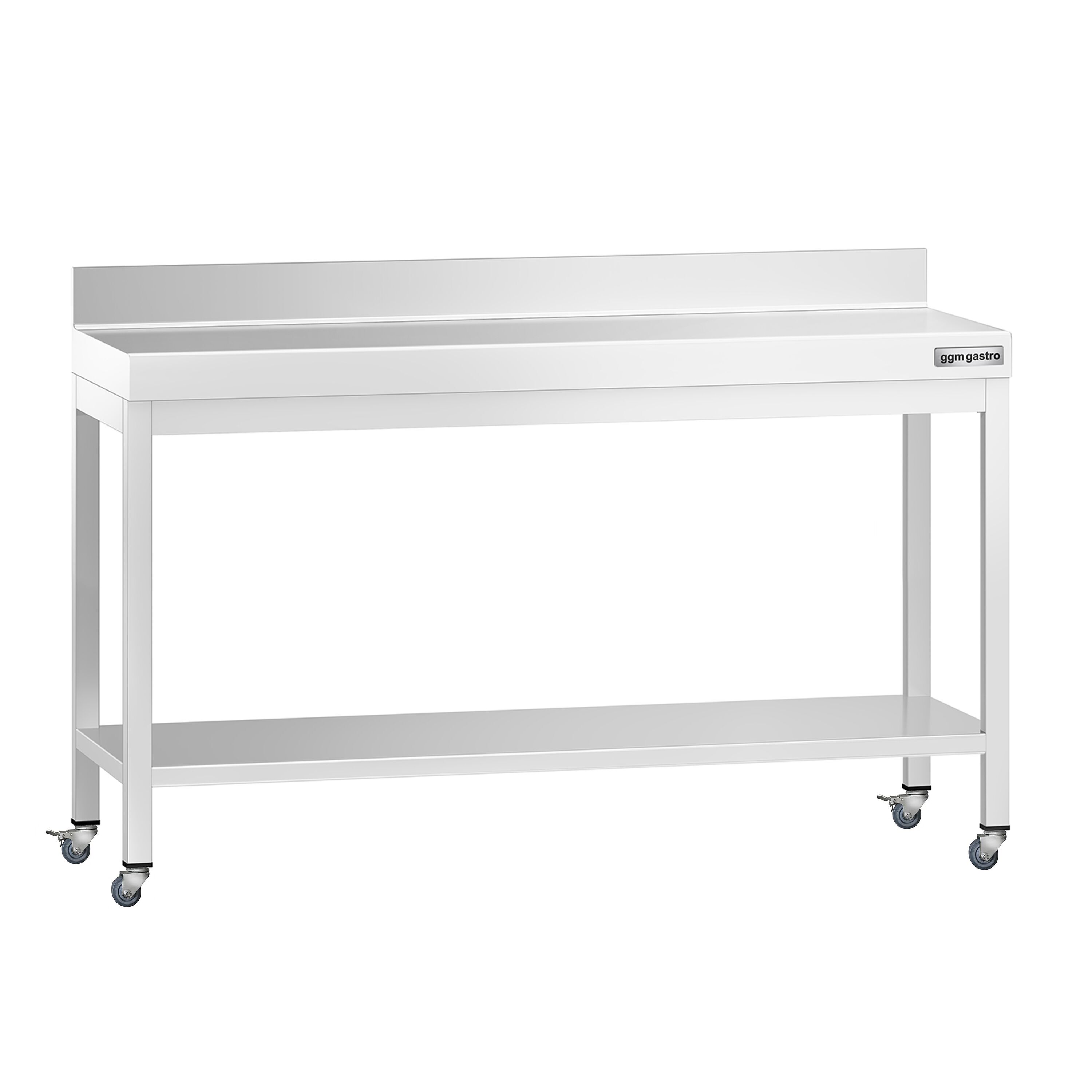Table de travail en inox PREMIUM - 1500 x 800 mm - avec tablette inférieure, dosseret et roulettes