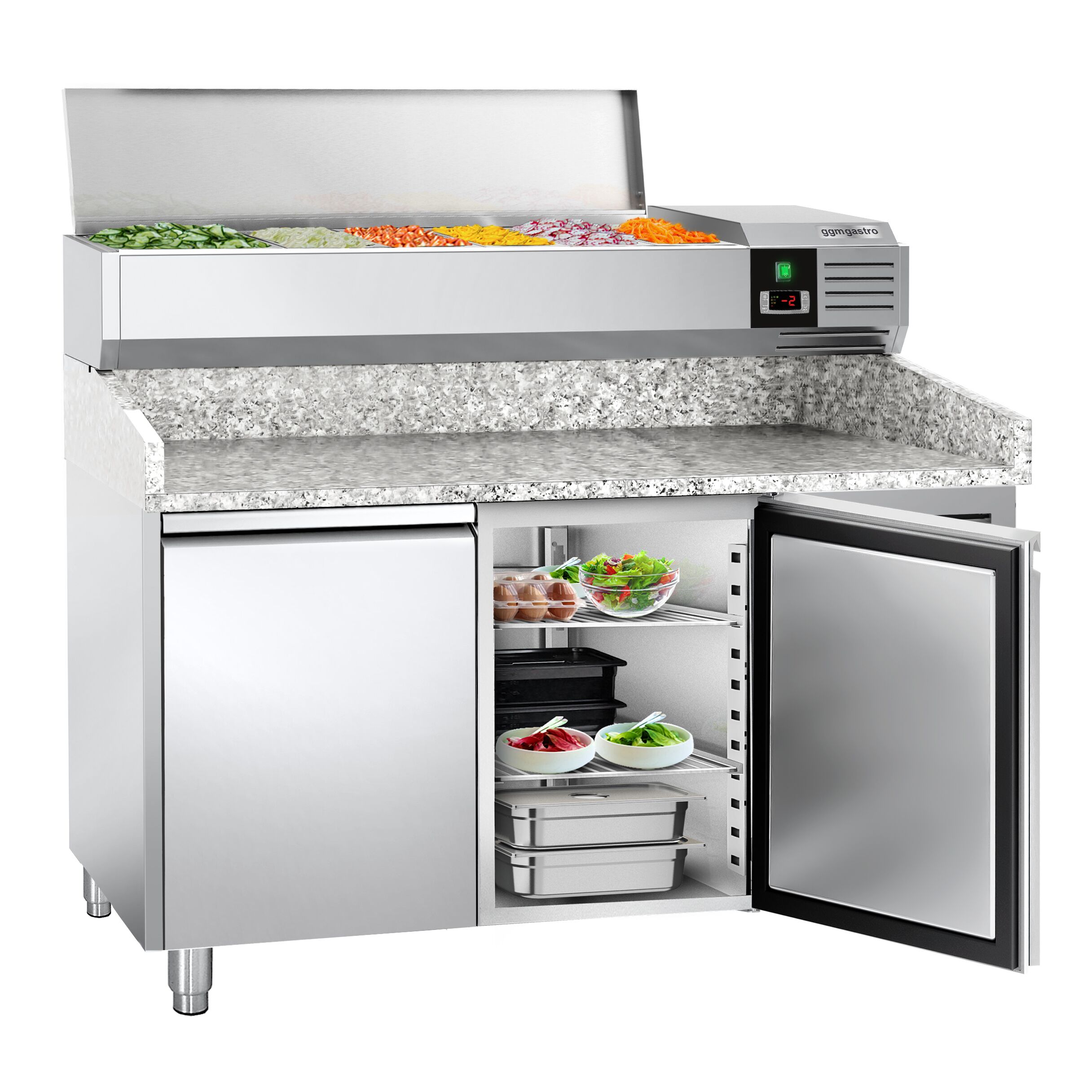 Table réfrigérée à pizza PREMIUM - 1500 x 800 mm - avec 2 portes - incl. vitrine réfrigérée - 7 x GN 1/4