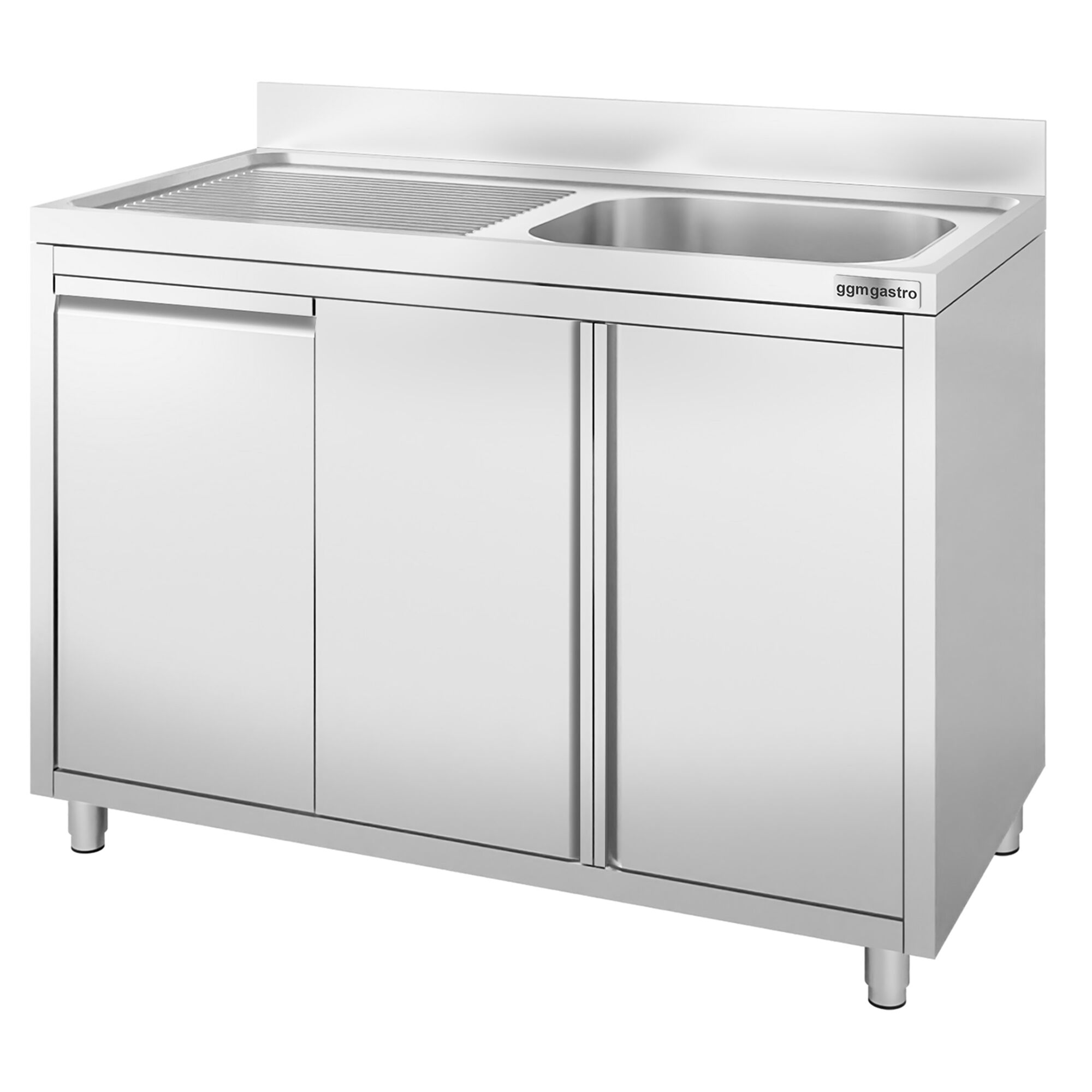Plonge inox - 1200x600mm - 1 bac à droite - avec égouttoir à gauche - avec dosseret - sur meuble - avec vide‑déchets et poubelle