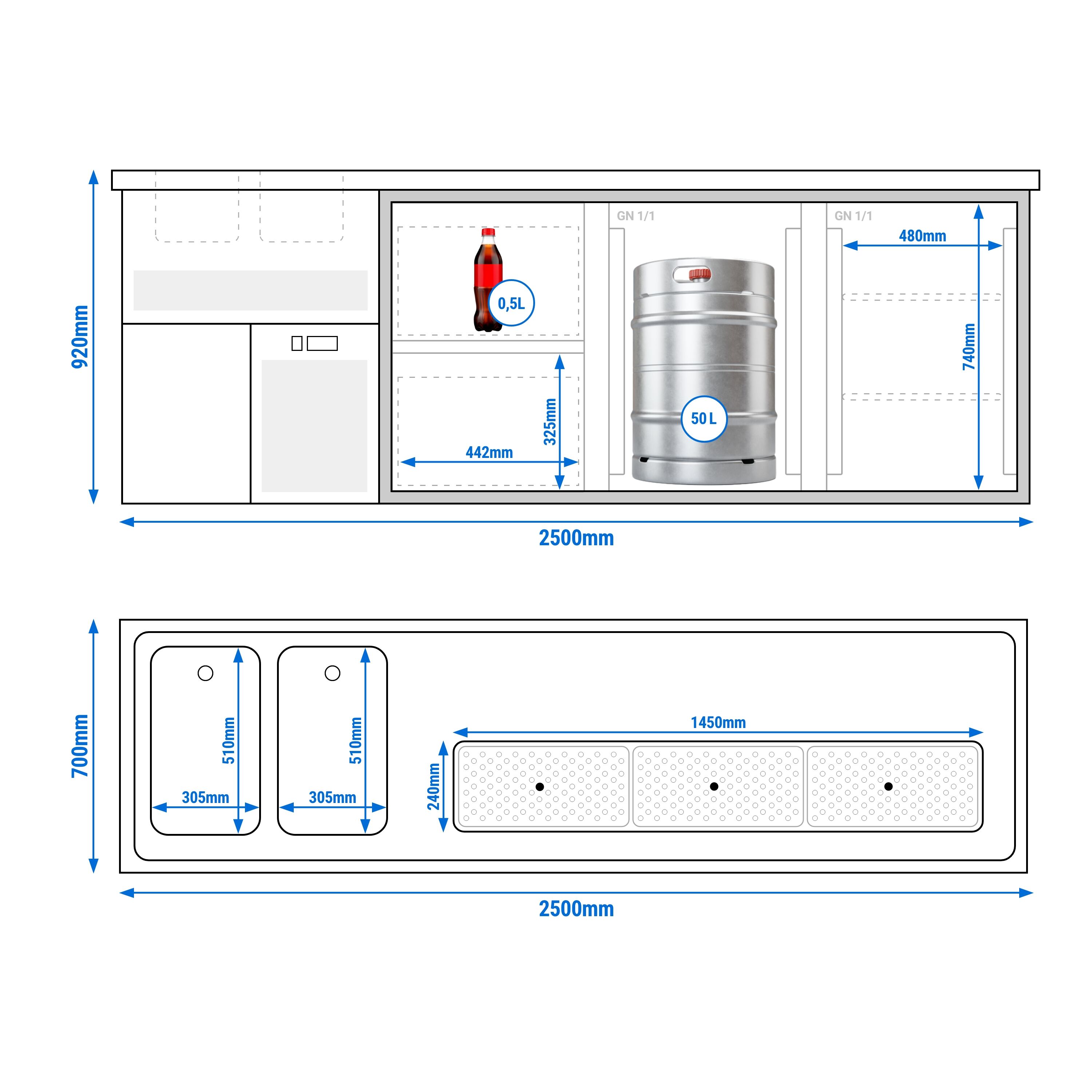 Comptoir de bar réfrigéré Premium PLUS - 2500x700mm - 1 porte vitrée & 4 tiroirs