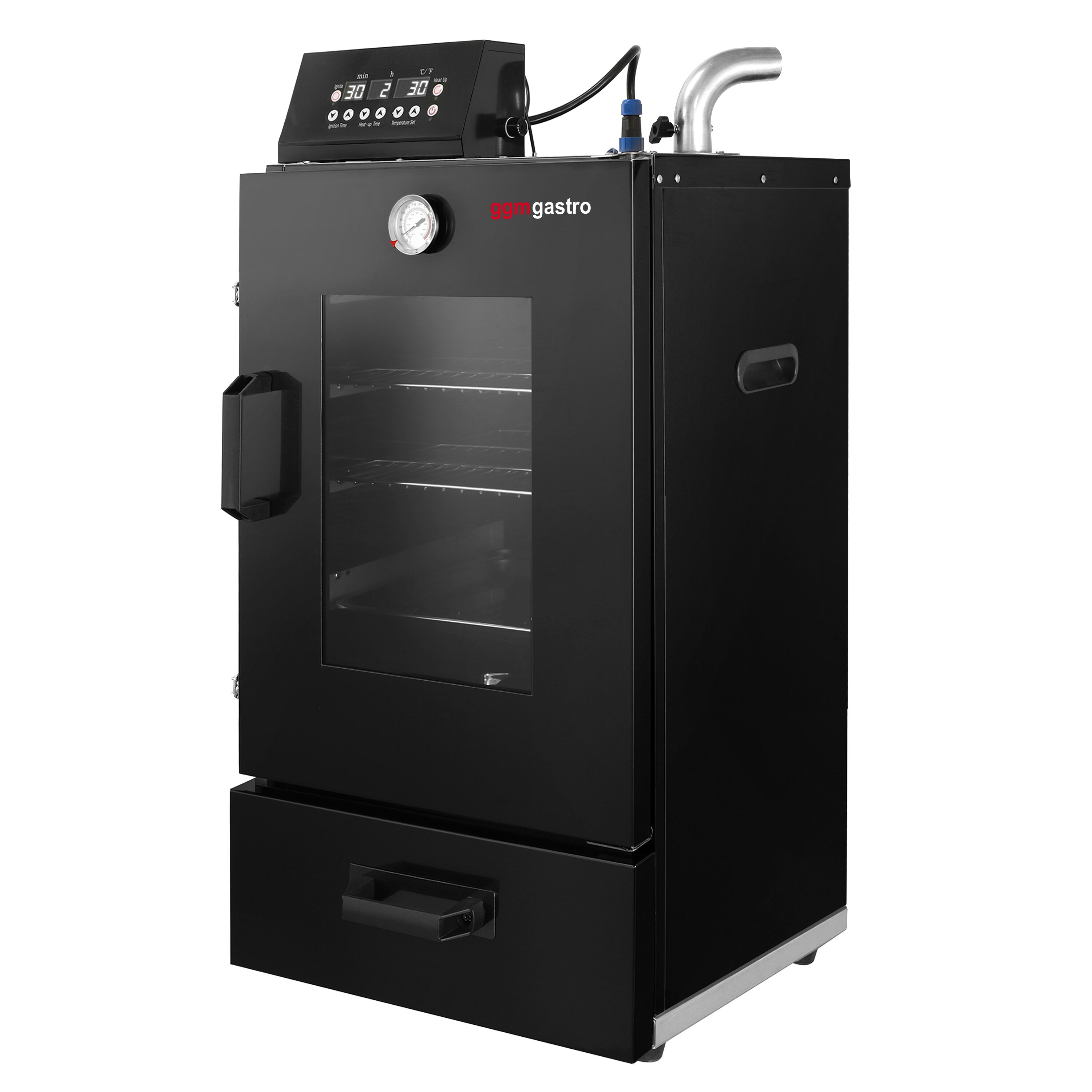 Compact Fumoir électrique professionnel - Commande électronique - 3 étagères et porte vitrée - 475x450mm - Noir