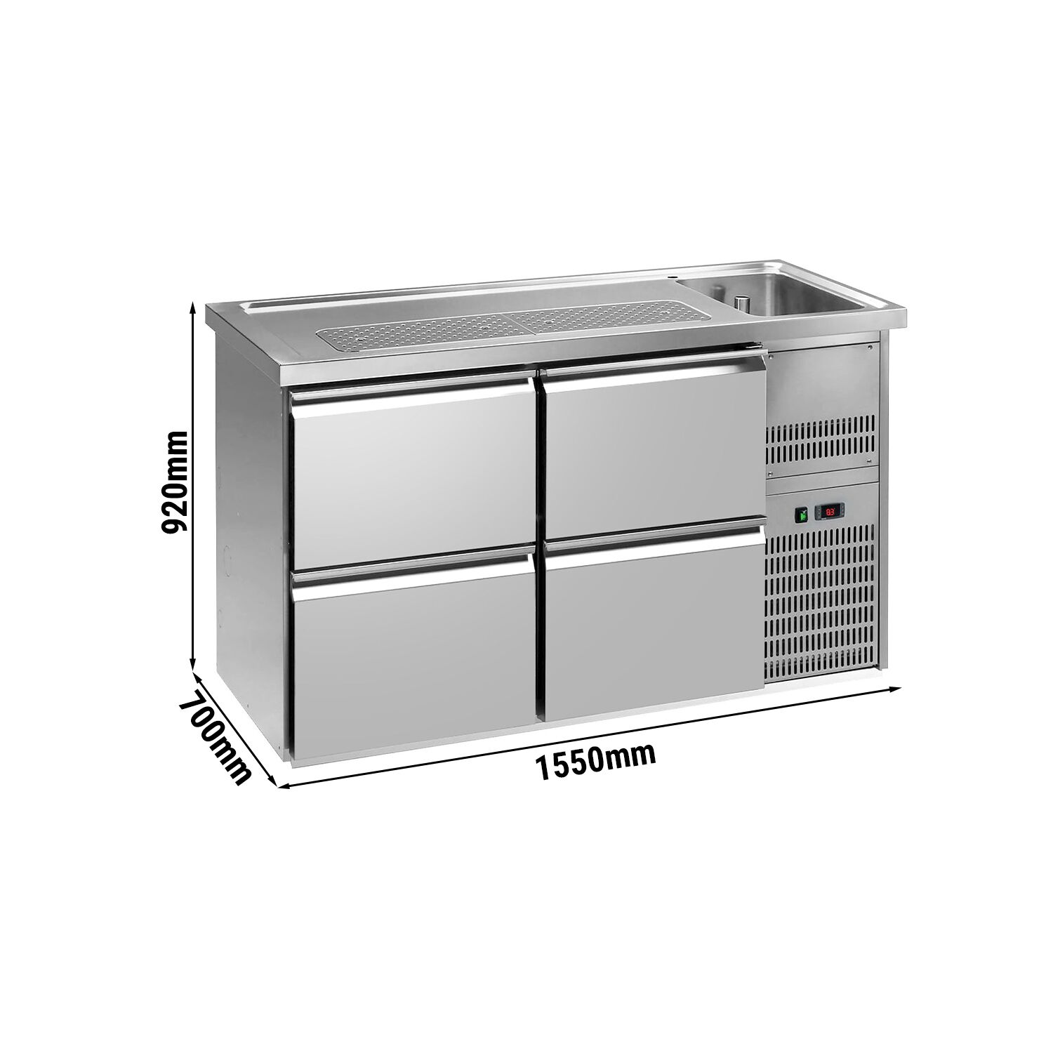 Comptoir de bar réfrigéré Premium PLUS – 1550 × 700 mm – 4 tiroirs