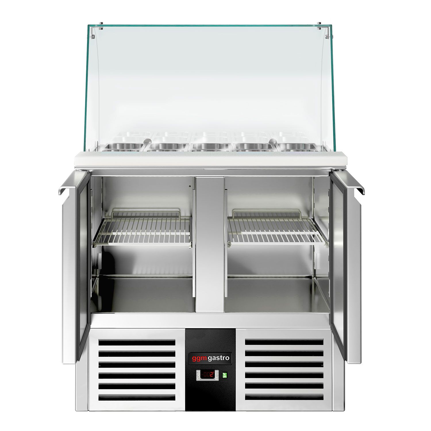 Saladette réfrigérée PREMIUM - 900mm - 240L - 2 portes - avec vitrine de comptoir pour 2x GN 1/1 & 3x GN 1/6
