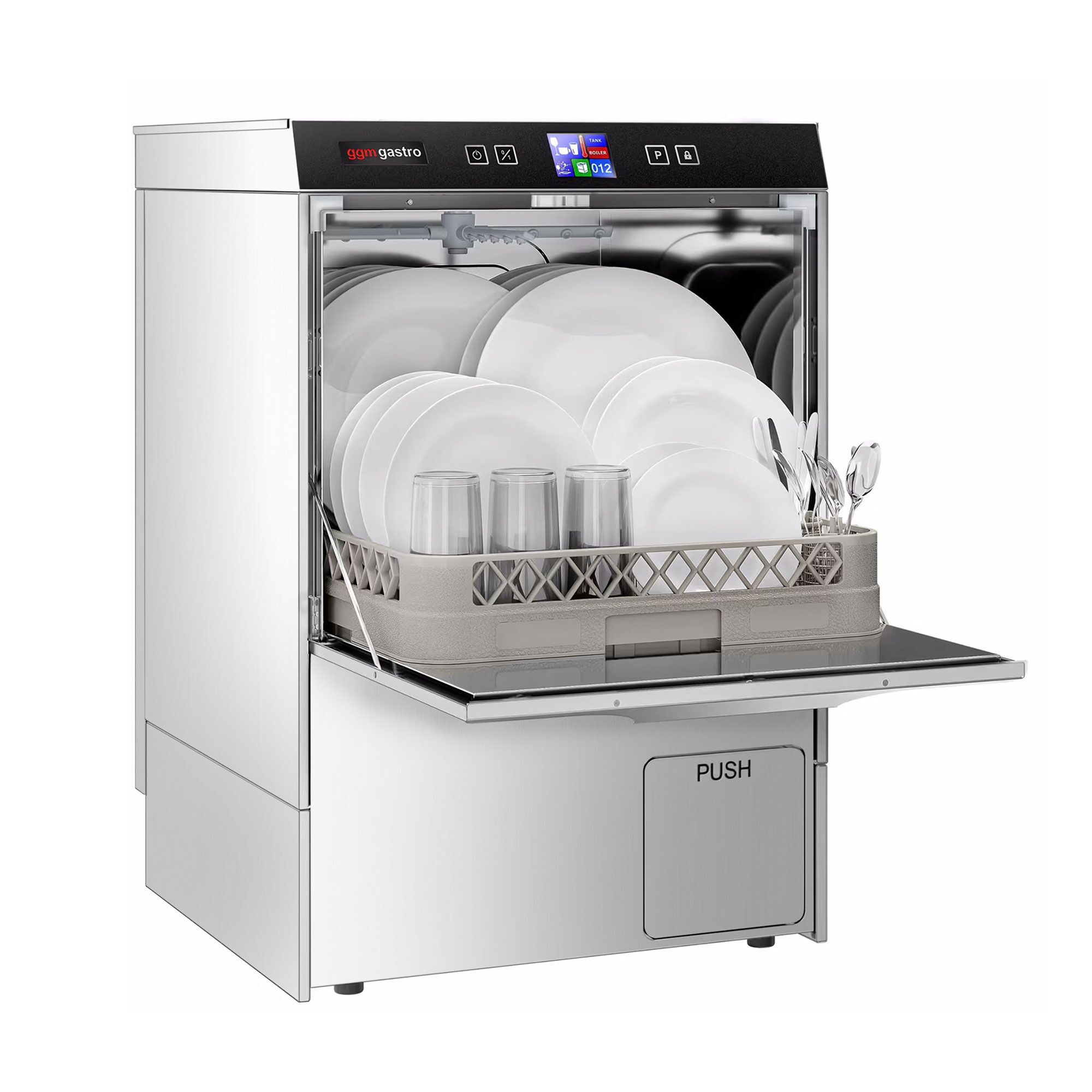 Lave-vaisselle professionnel - Panier 50x50cm - Commandes électroniques - 3,55kW - avec pompe de vidange + pompes doseuses détergent et liquide de rinçage