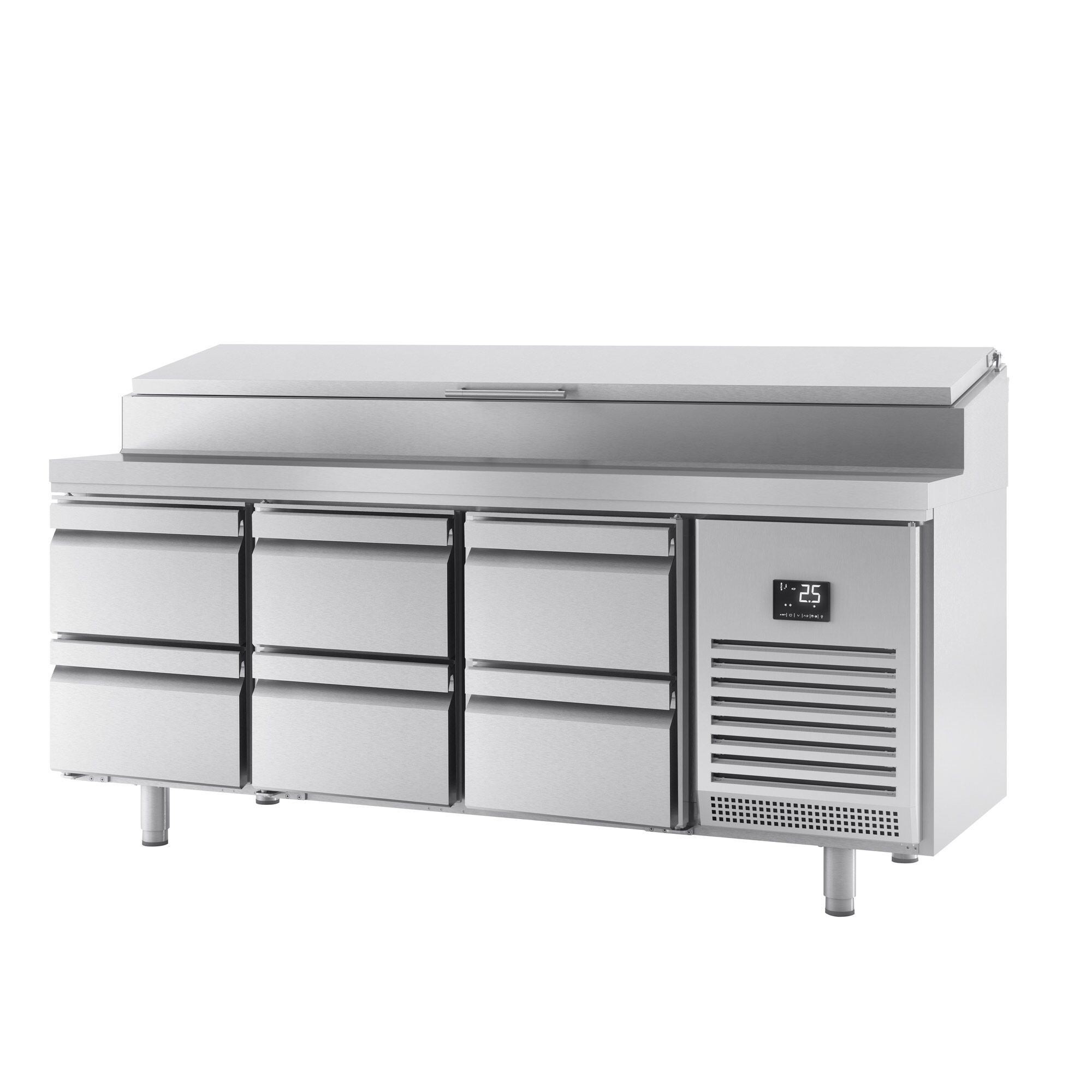Table réfrigérée de préparation 1960x600 mm avec 6 tiroirs et superstructure inox pour 11 bacs GN 1/4