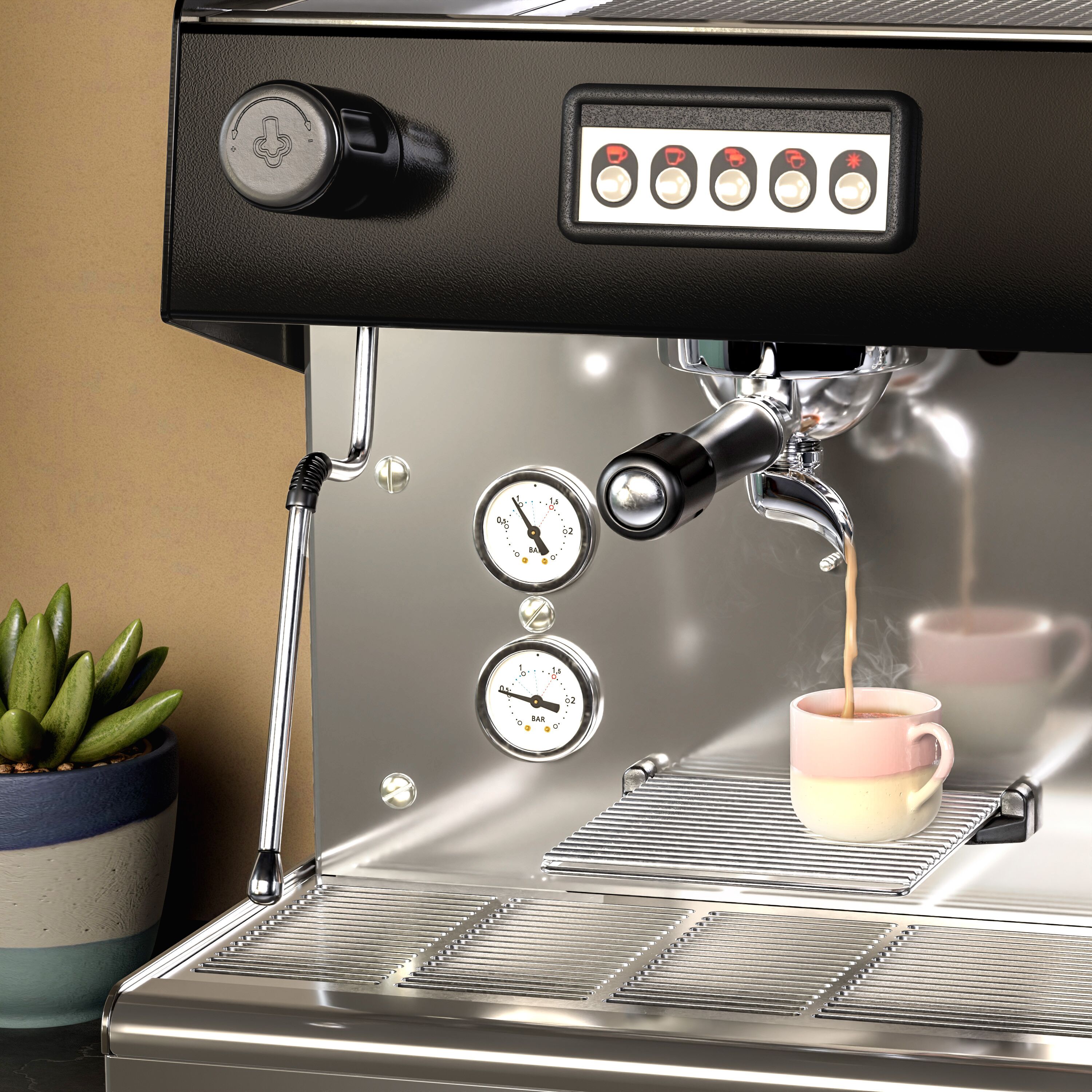 Machine à café porte-filtre – 2 groupes – avec système de préinfusion & 2 lances vapeur incluses
