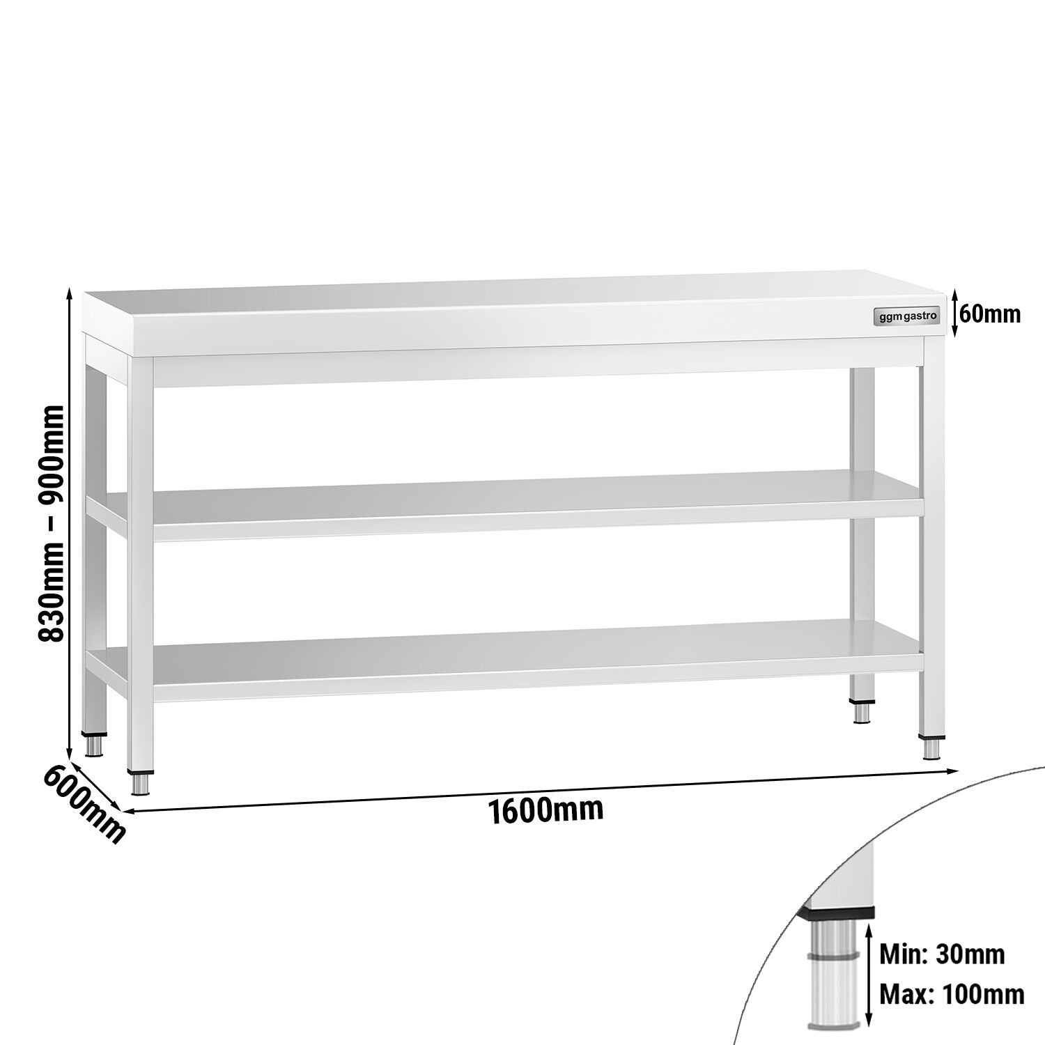 Table de travail inox PREMIUM - 1600 x 600 mm - avec tablette inférieure & Tablette intermédiaire