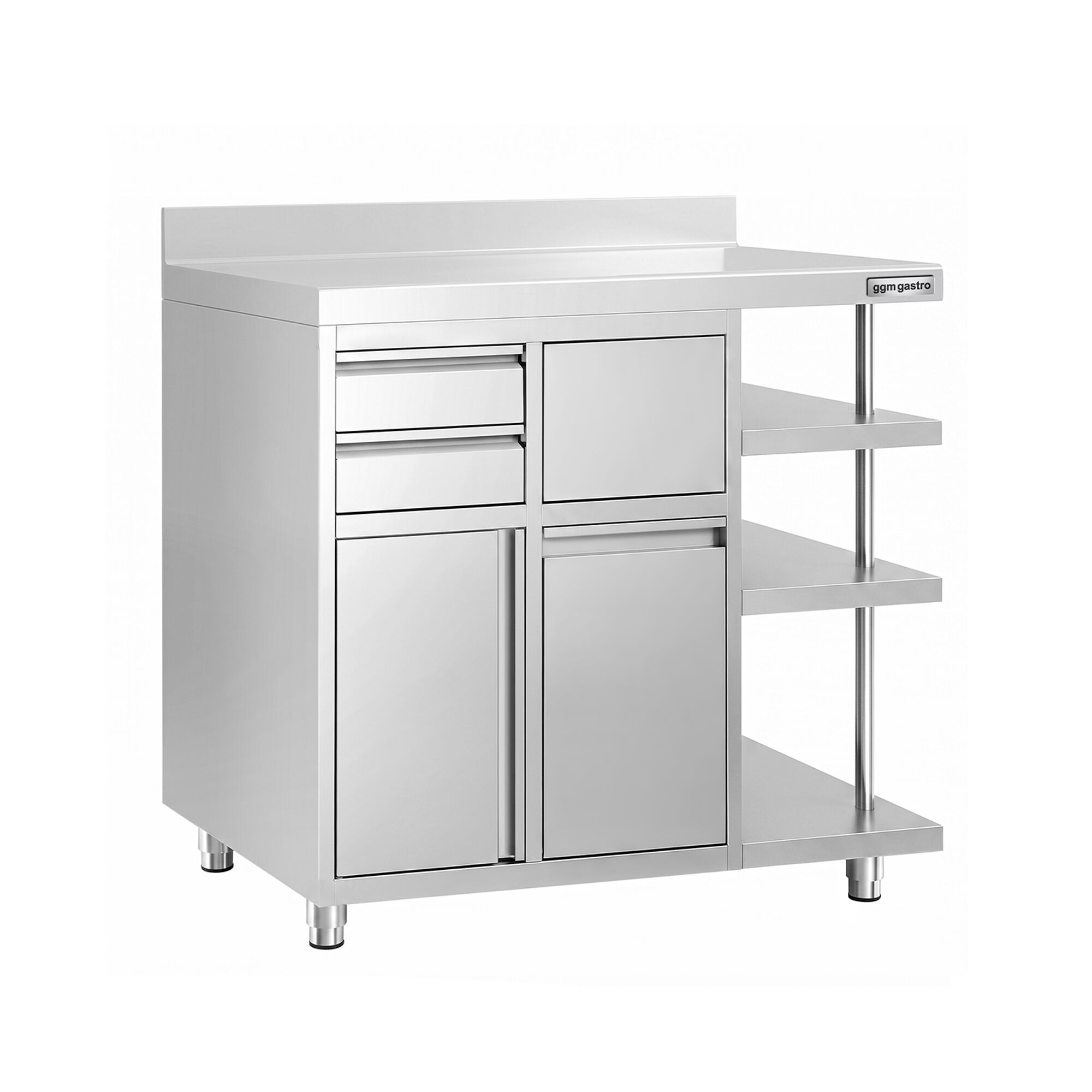 Arbetsskåp – för kaffebryggare – 1200 x 600 mm – med 1 svängdörr, 2 lådor, papperskorg, 3 hyllor och upphöjd kant