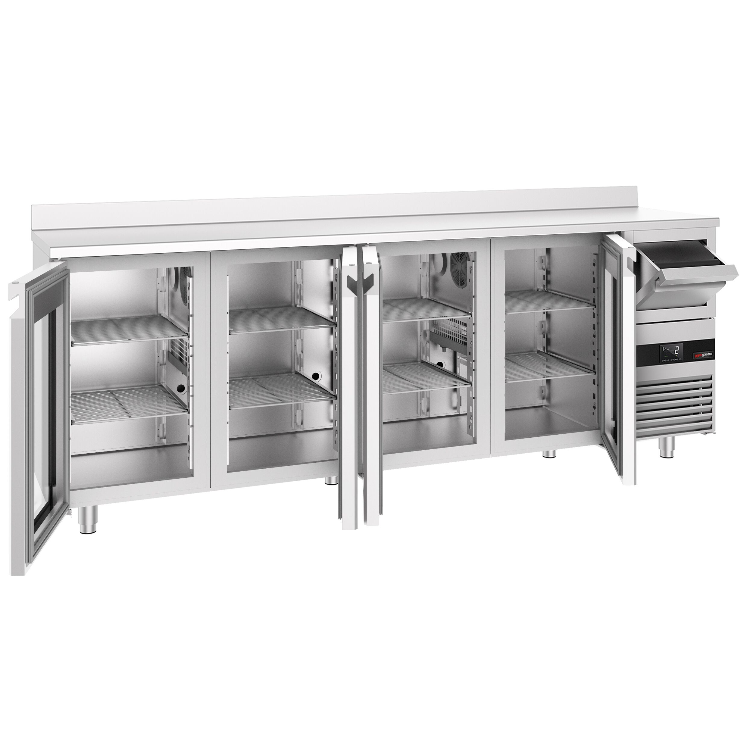 Commercial Back Bar Bottle Cooler PREMIUM - 2690x600mm - 710L - with 4 Hinged Glass Doors, upstand & knock box for coffee