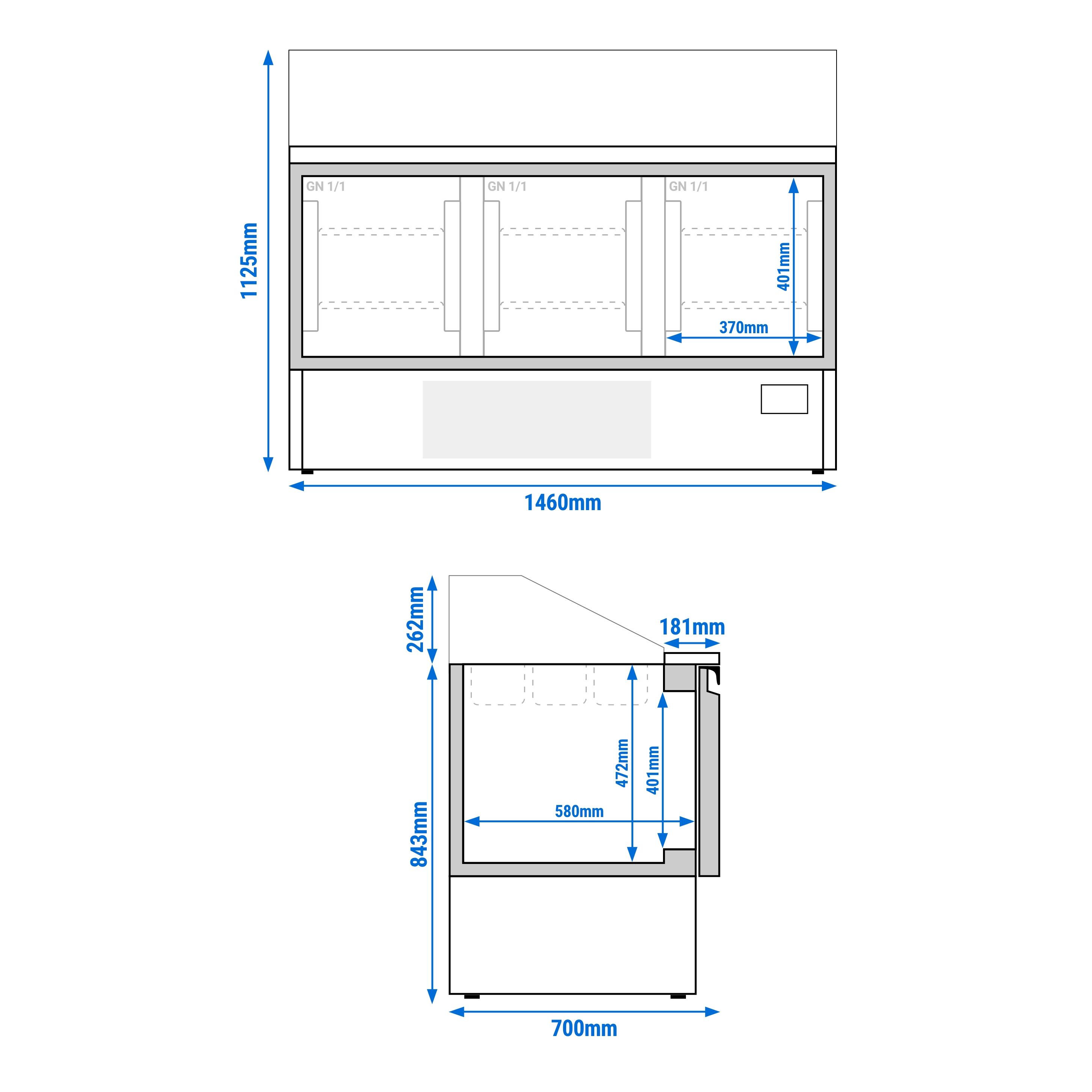 Saladette réfrigérée PREMIUM PLUS - 1460mm - 335L - 3 portes - avec vitrine de comptoir pour 9x GN 1/3 & Couvercle inox