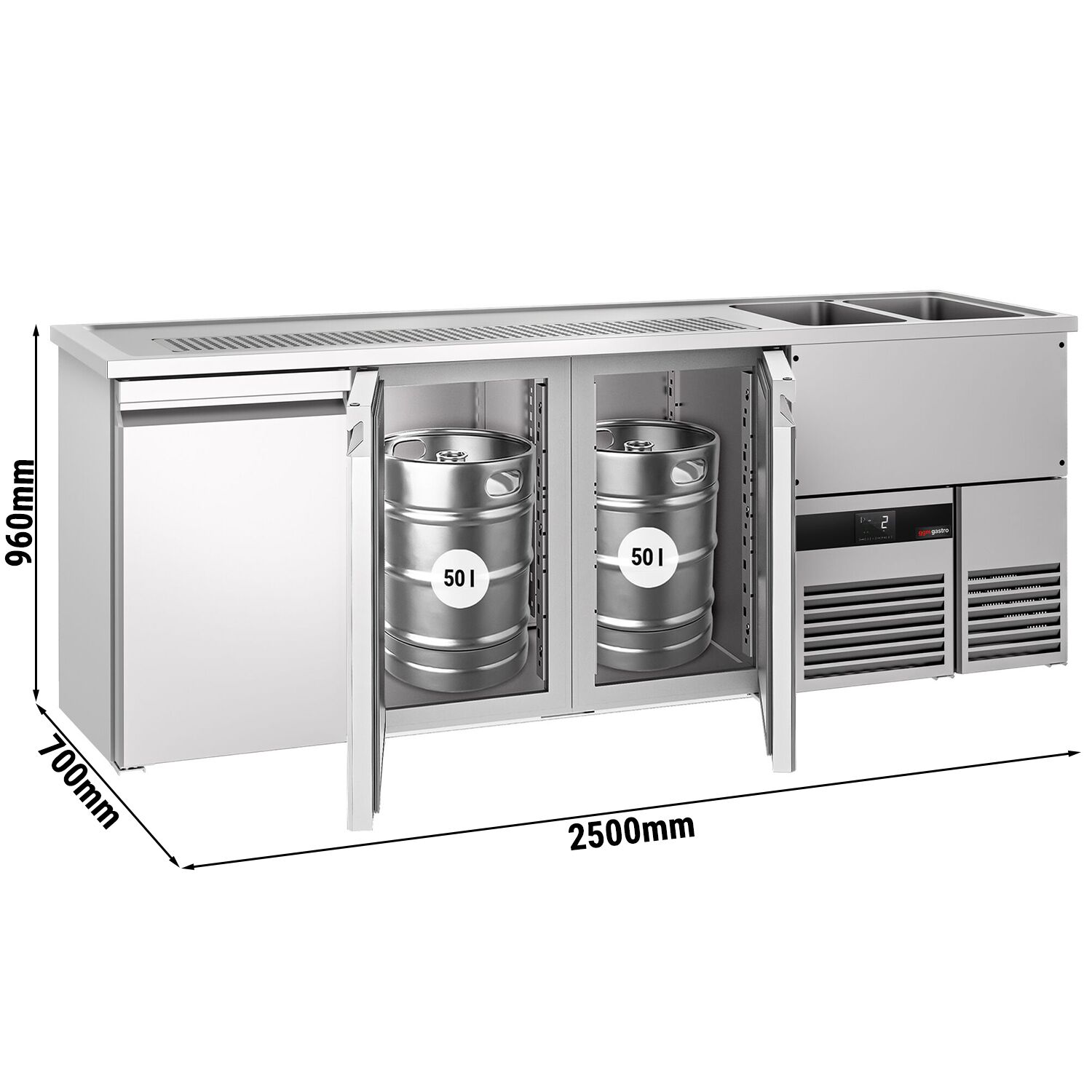 Comptoir de bar réfrigéré PREMIUM - 2500x700mm - 3 portes
