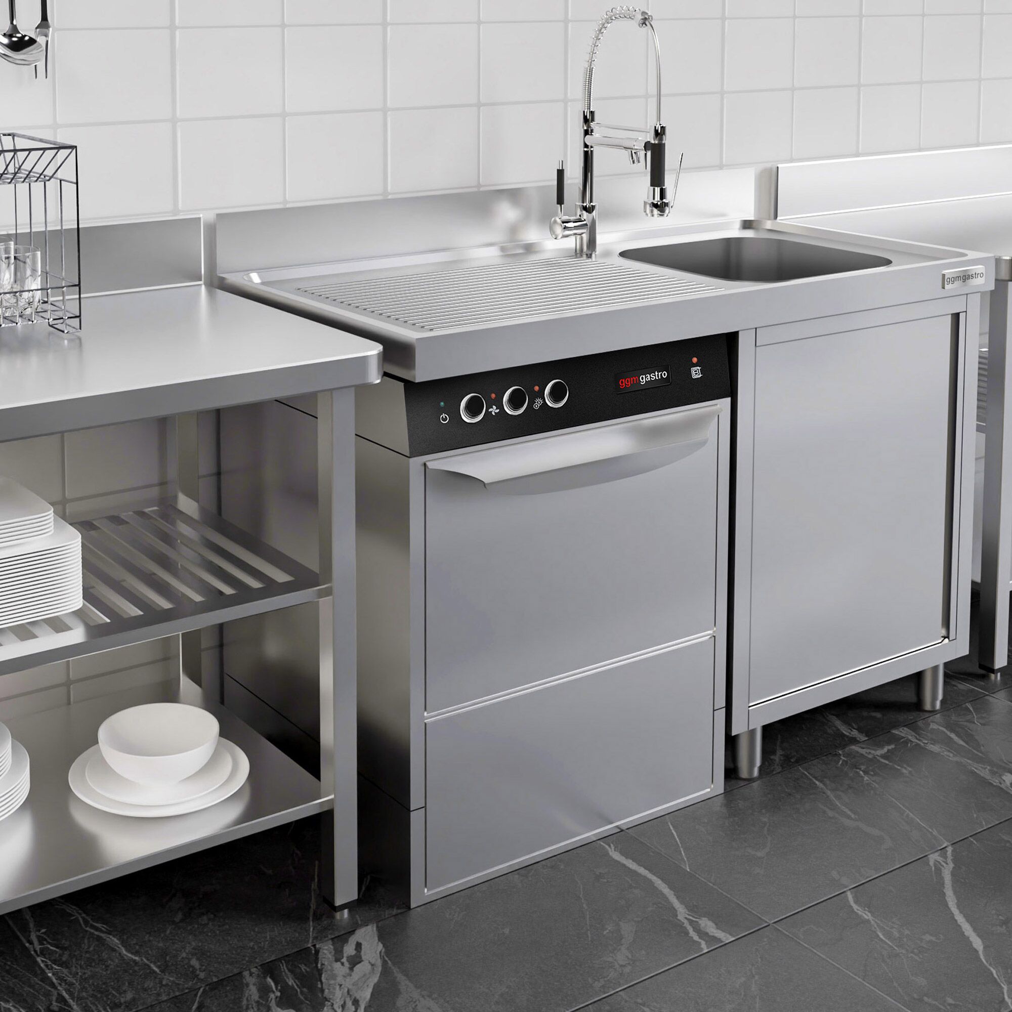 Lave-vaisselle professionnel frontal - Panier 50x50cm - Commandes mécaniques - 4,9kW - avec pompes doseuses détergent et liquide de rinçage