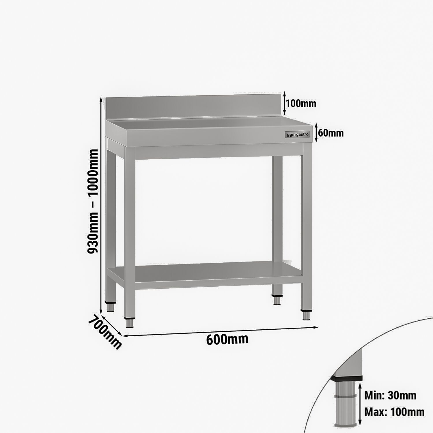 Table de travail en inox ECO – 600 × 700 mm – avec tablette inférieure & dosseret