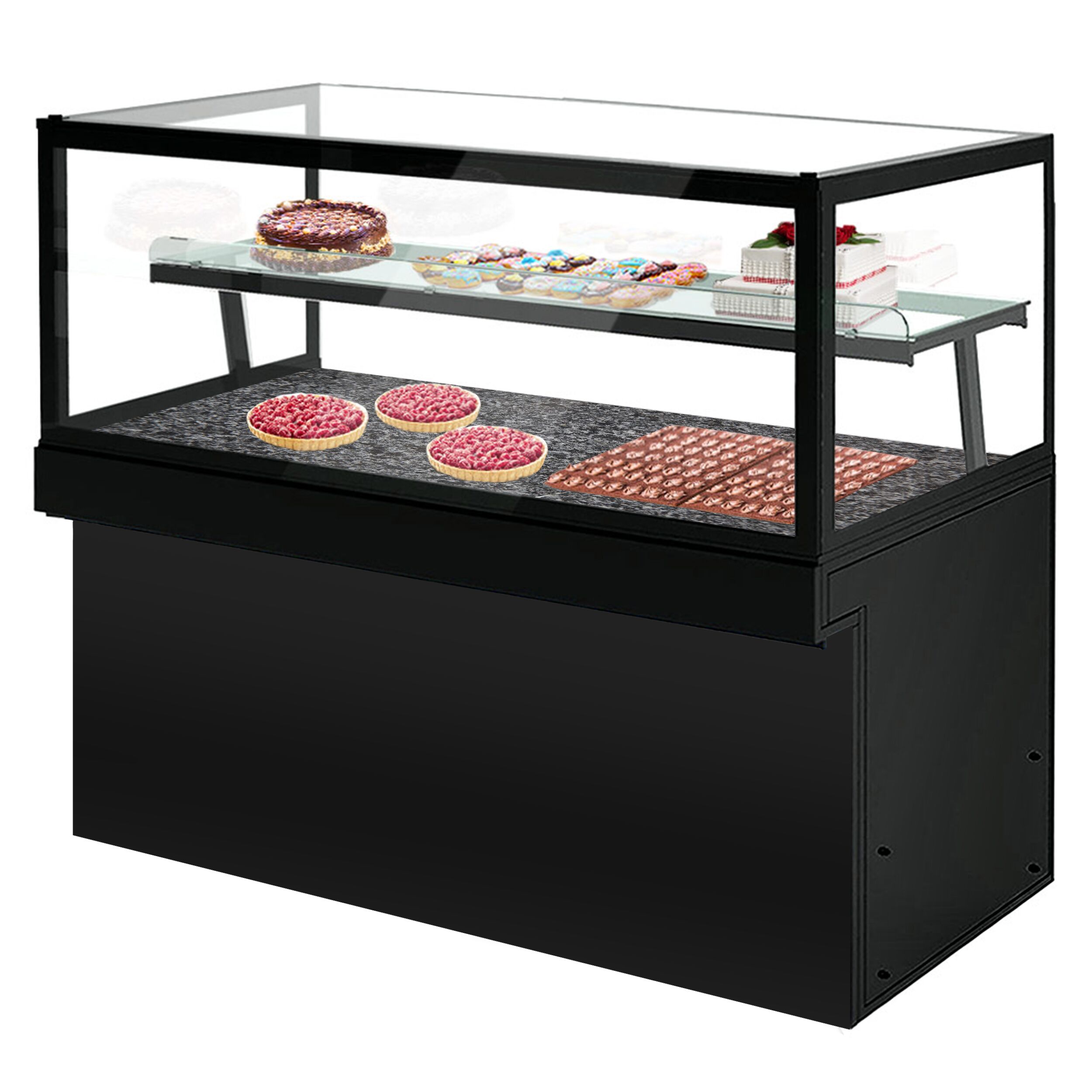 Comptoir à pâtisseries TORONTO - 1800x800mm - Façade noire - Éclairage LED - 2 étagères - double vitrage