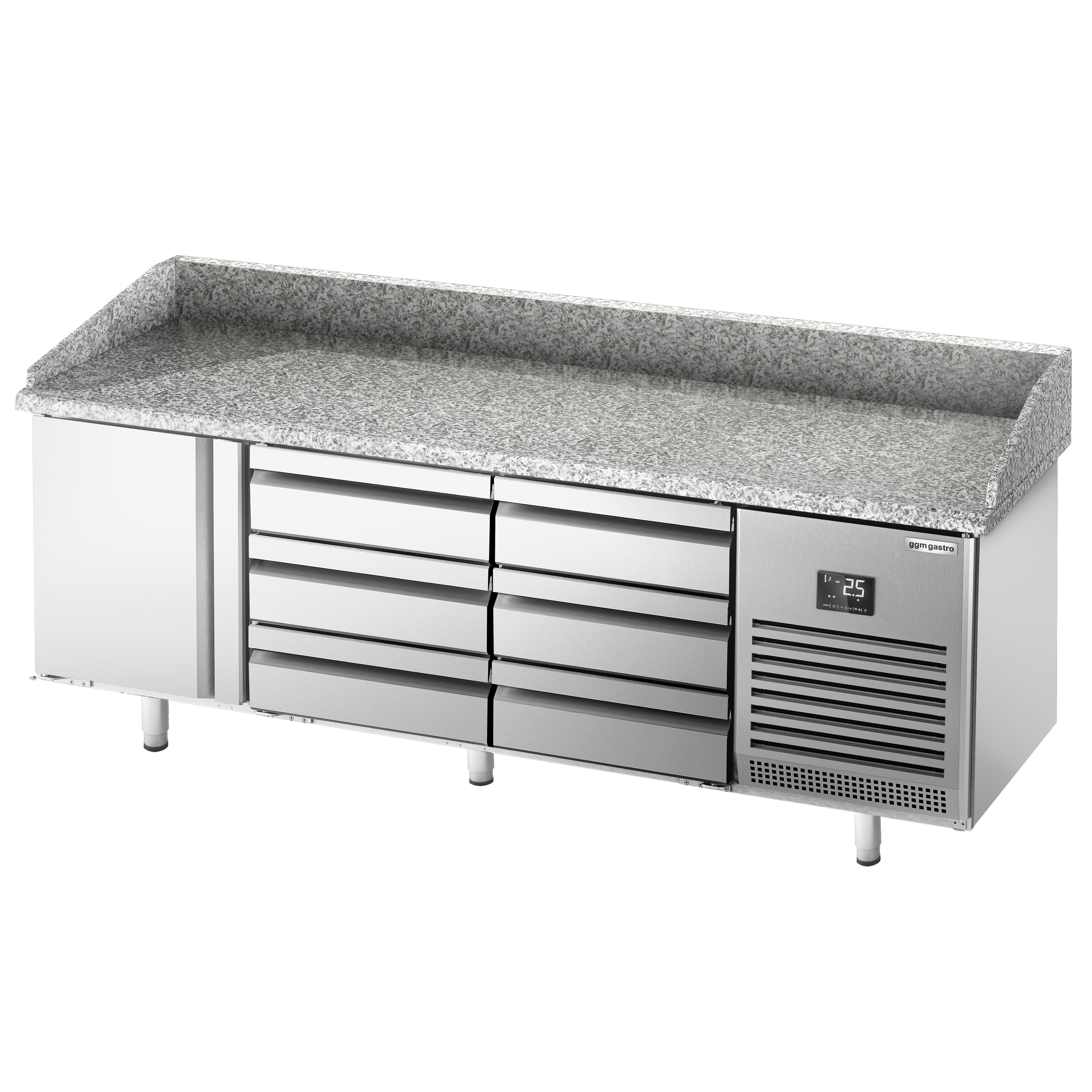 Commercial Pizza Prep Counter - Granite Top PREMIUM PLUS - 1980x700mm - with 1 doors & 6 drawers - incl. refrigerated topping unit - 11x GN 1/4