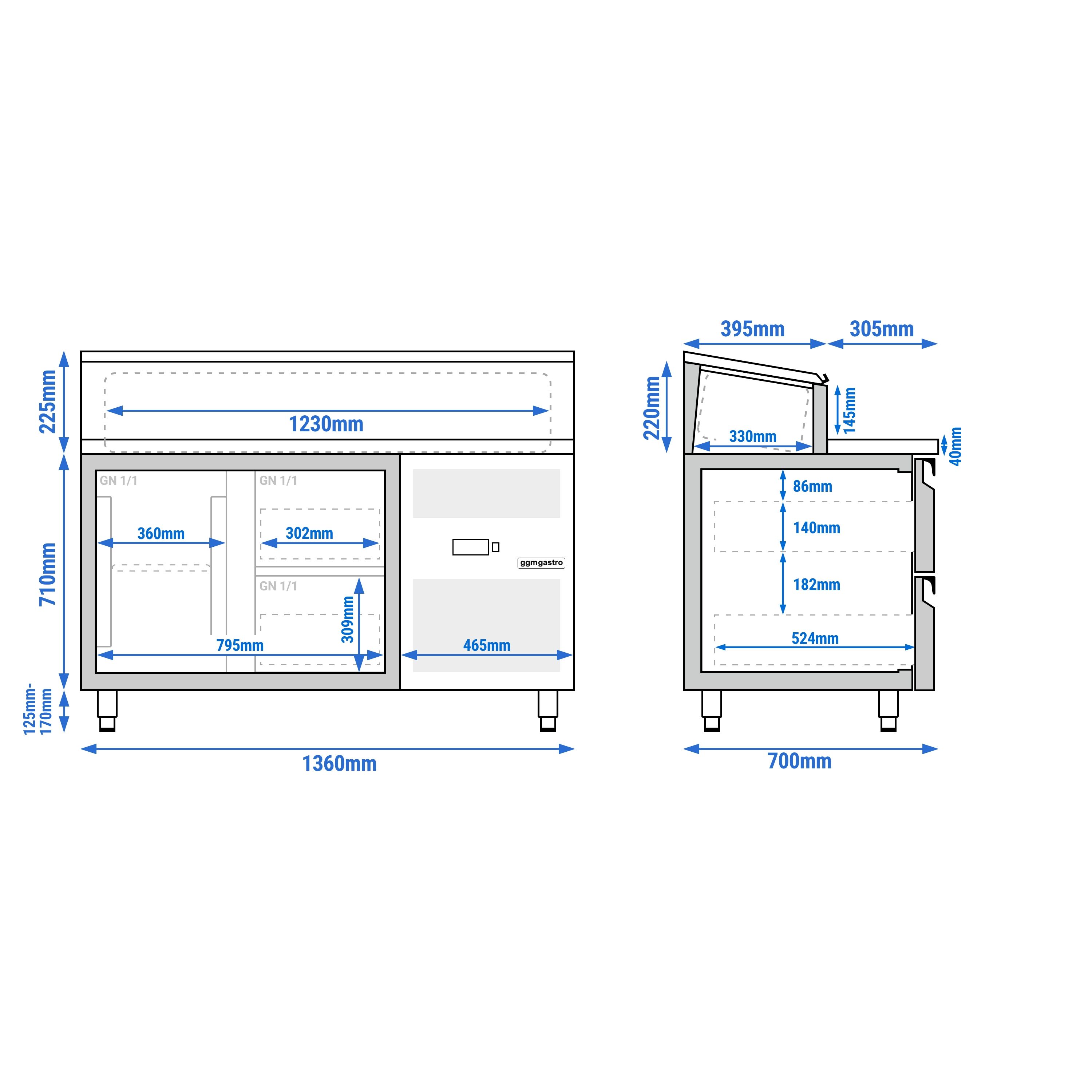 Table de préparation PREMIUM – 1360 mm – 1 porte & 2 tiroirs – pour 7 bacs GN 1/3