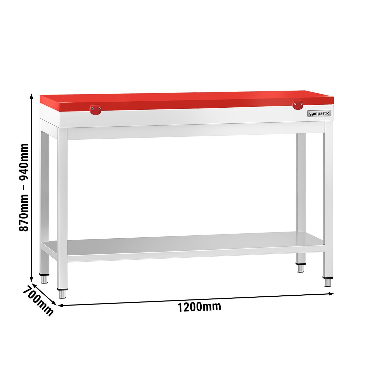 Table de travail inox PREMIUM - 1200 x 700 mm - avec tablette inférieure - incl. Planche à découper Rouge
