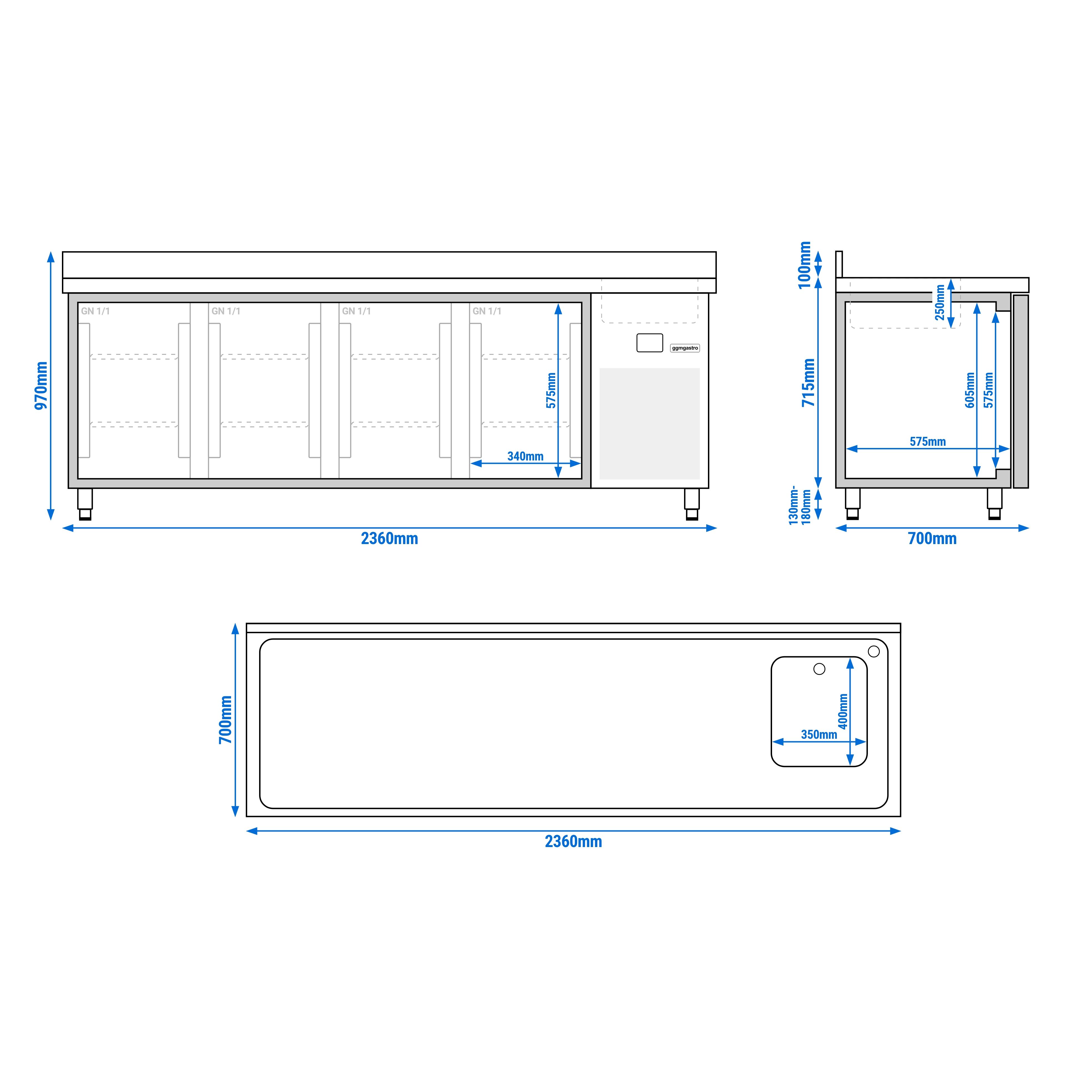 Table réfrigérée PREMIUM - 2360x700 mm - avec 4 portes, 1 bac à droite - avec dosseret