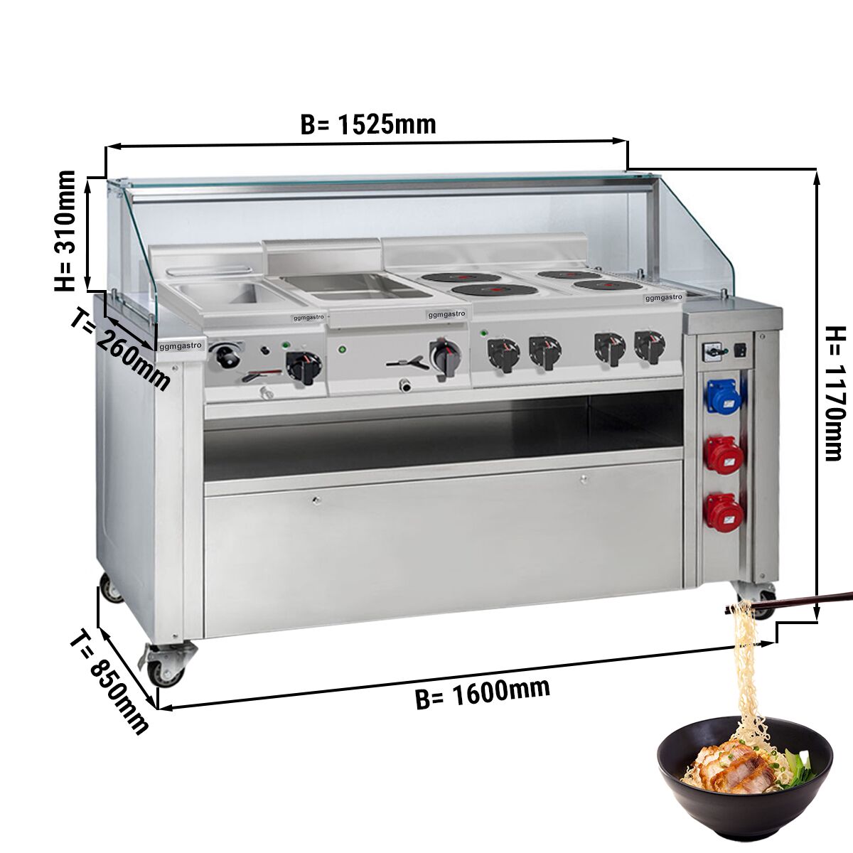 Station de cuisson mobile - 1600 x 850 mm - Hauteur : 1170 mm - incl. cuiseur à pâtes, cuisinière électrique & bain-marie